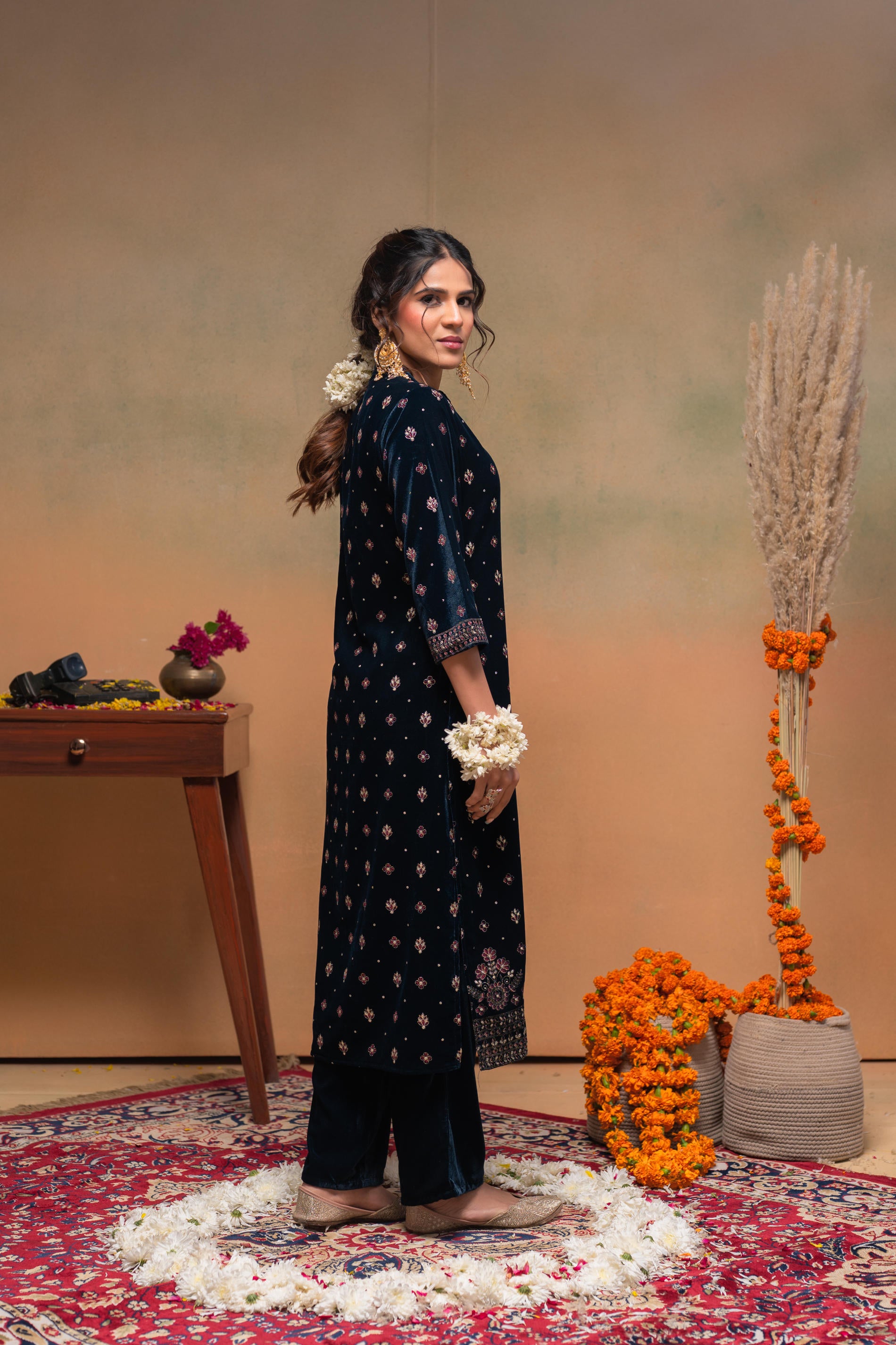 Teal , Embroidered Straight Kurta Set with dupatta