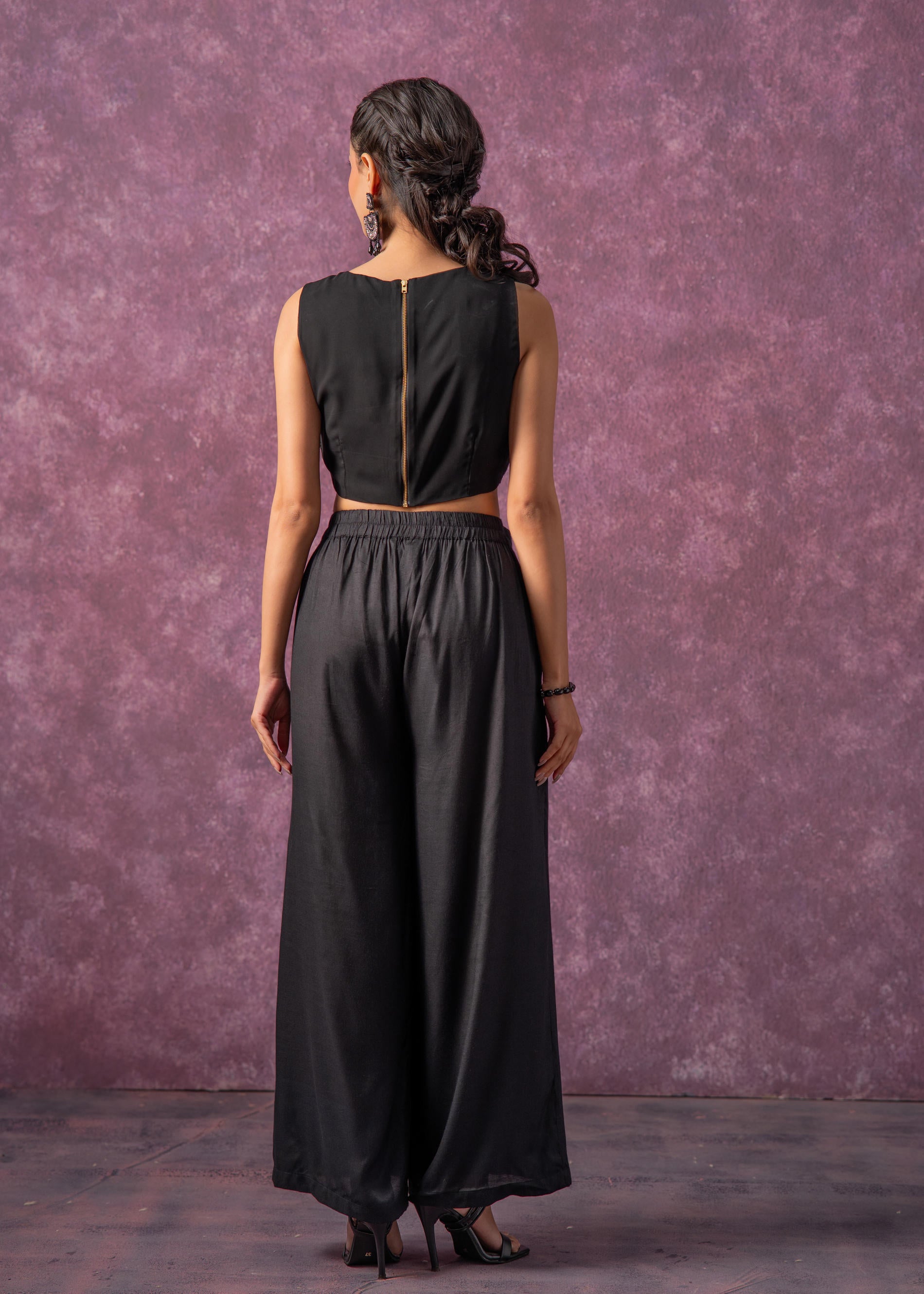 Black Solid Embellished Sleeveless Top with Beads & Sequence Work