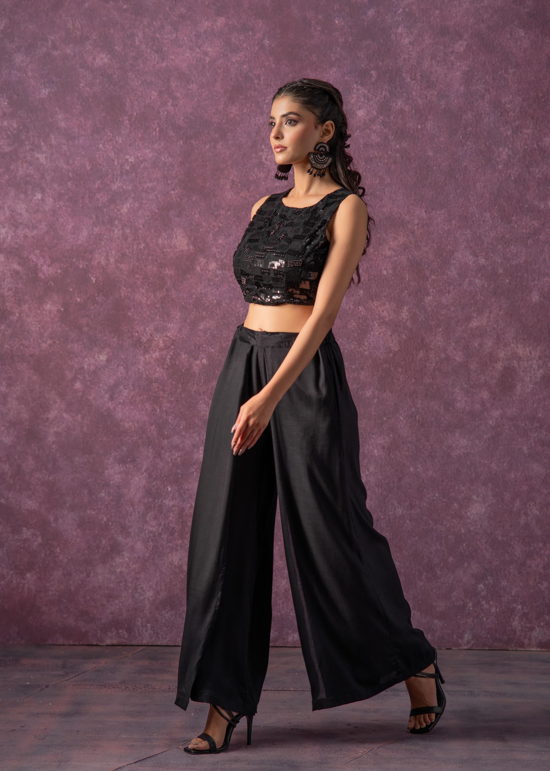 Black Solid Embellished Sleeveless Top with Beads & Sequence Work