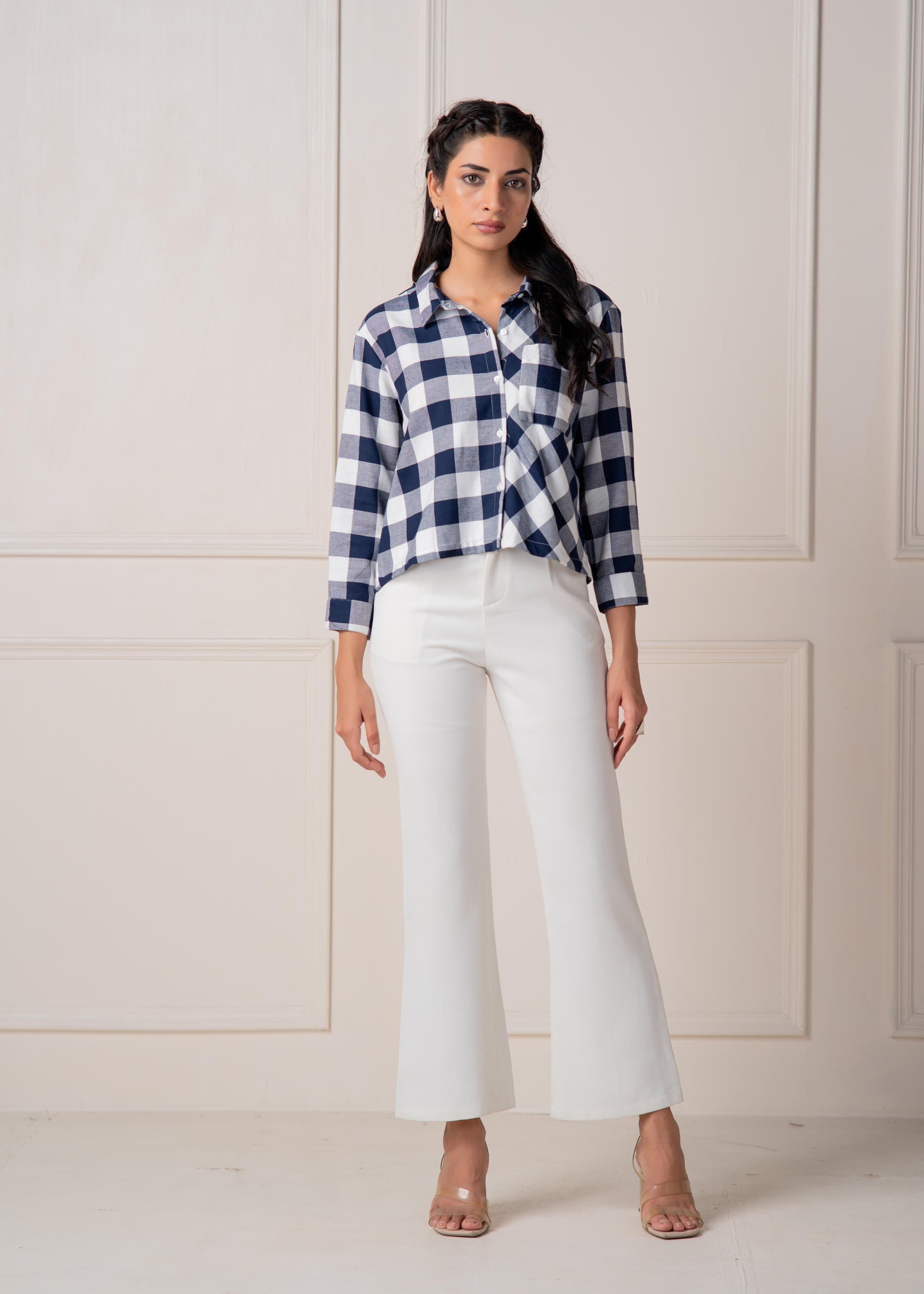 Lamora Navy & White Large Checkered Casual Button-Down Shirt