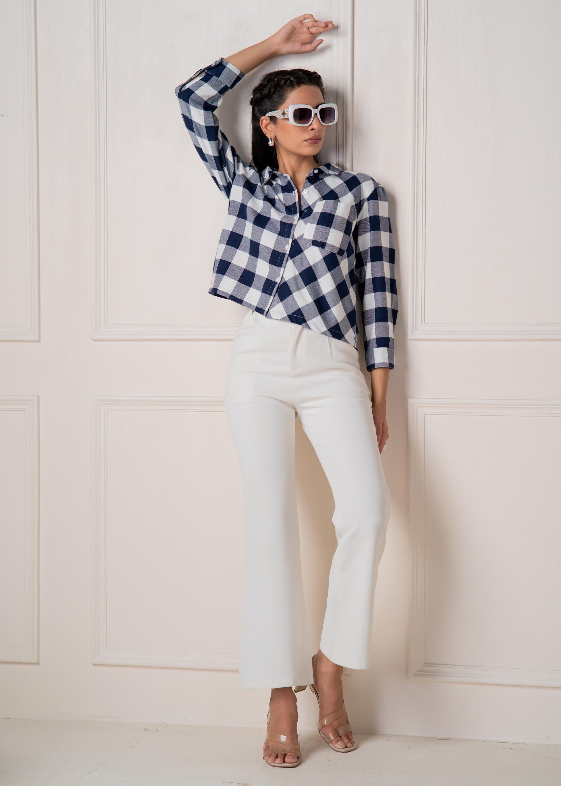 Lamora Navy & White Large Checkered Casual Button-Down Shirt
