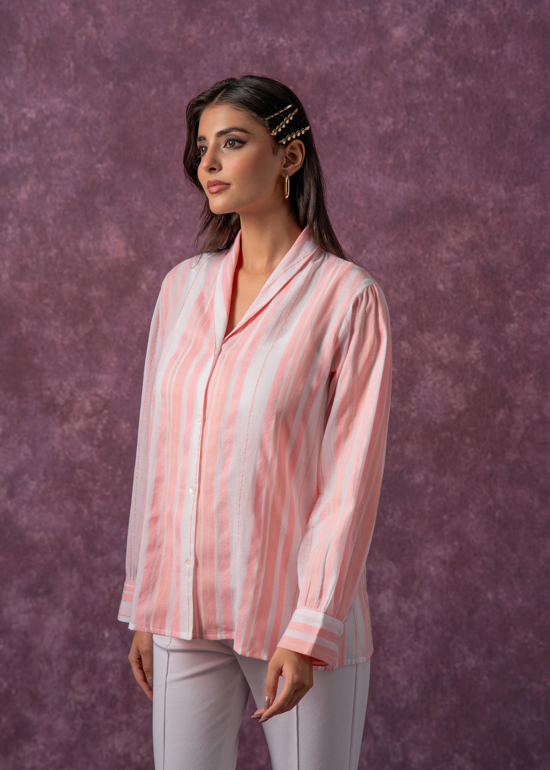 Lamora Peach & White Vertical Striped Relaxed-Fit Button-Down Shirt