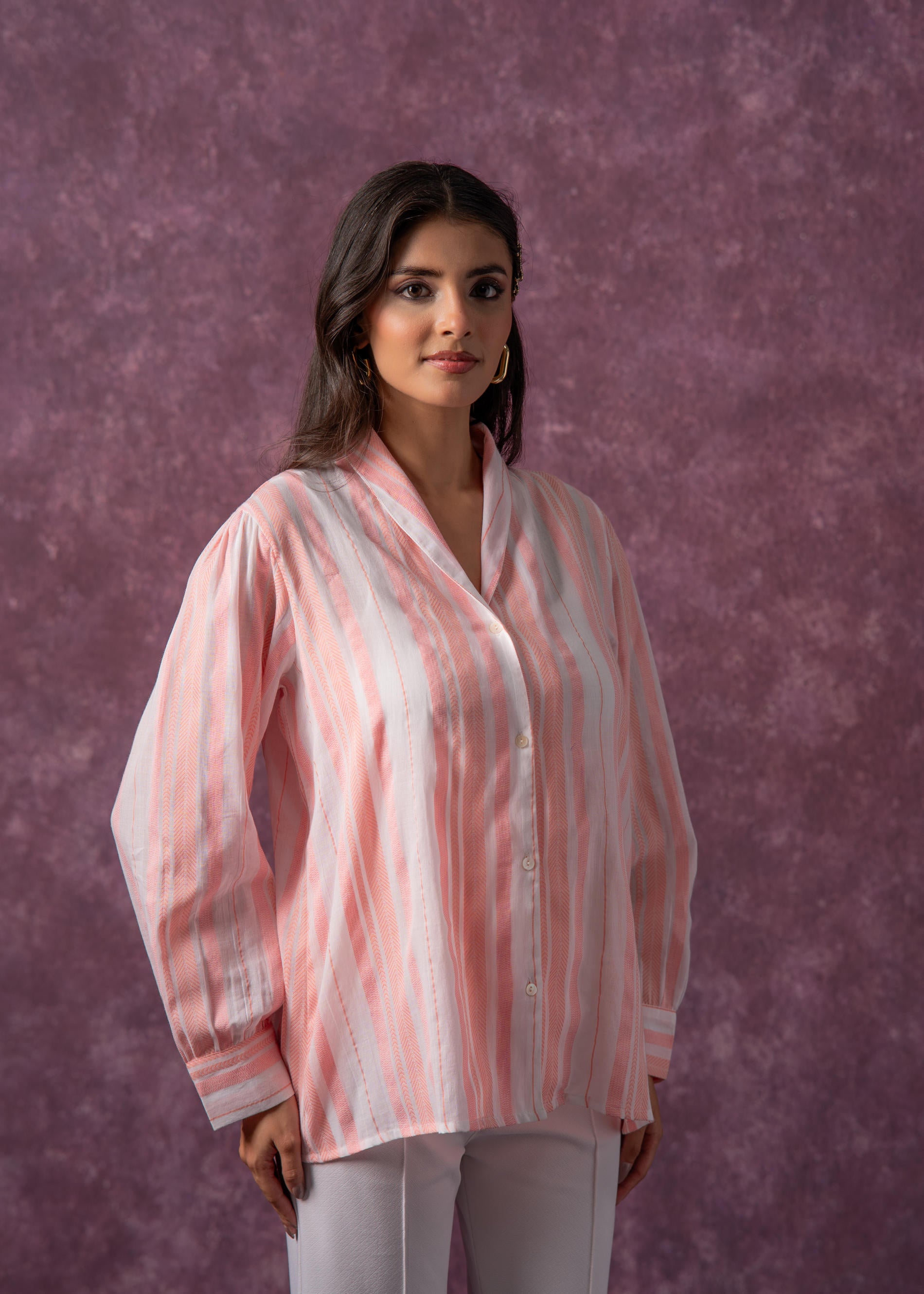 Lamora Peach & White Vertical Striped Relaxed-Fit Button-Down Shirt