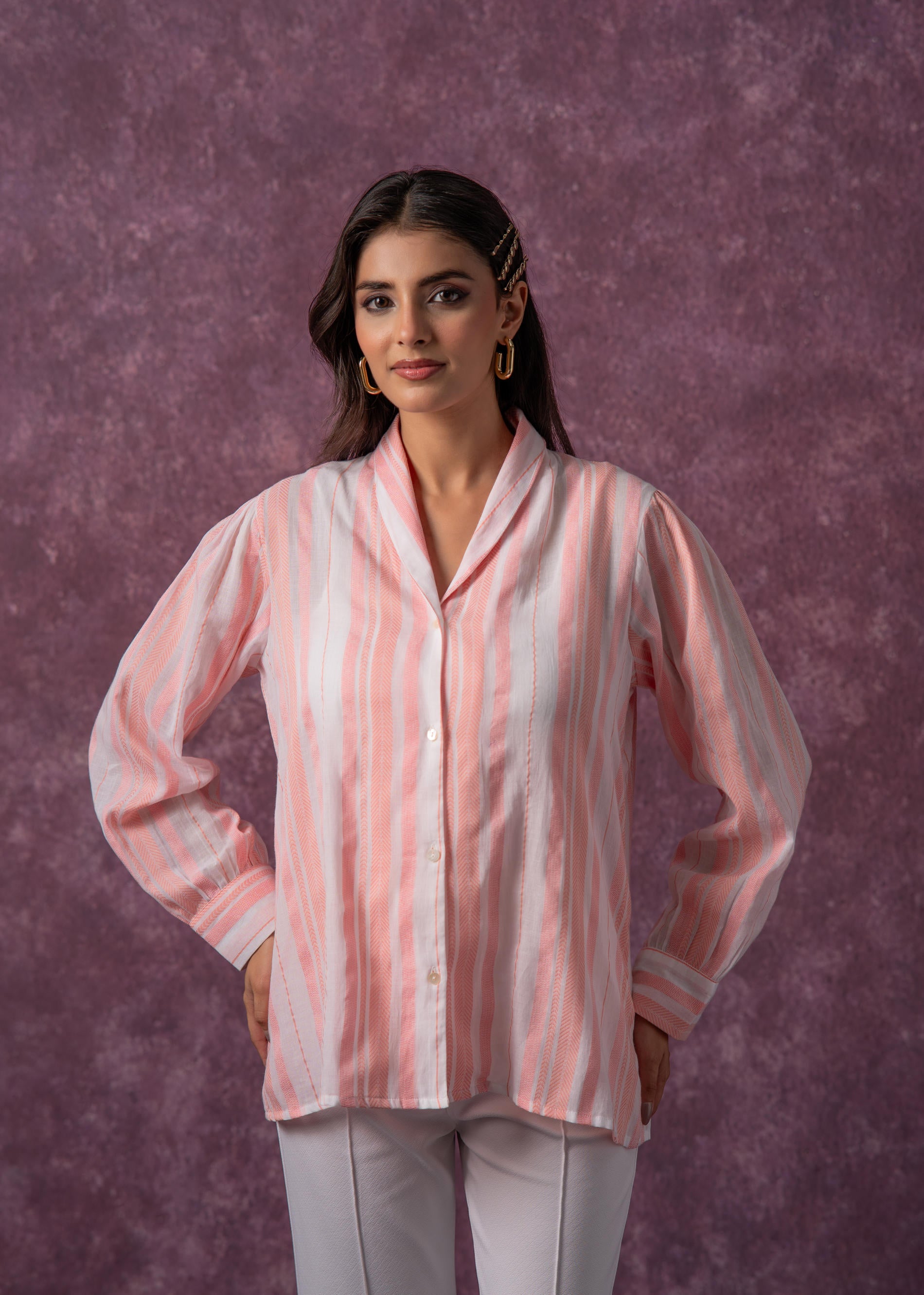 Lamora Peach & White Vertical Striped Relaxed-Fit Button-Down Shirt