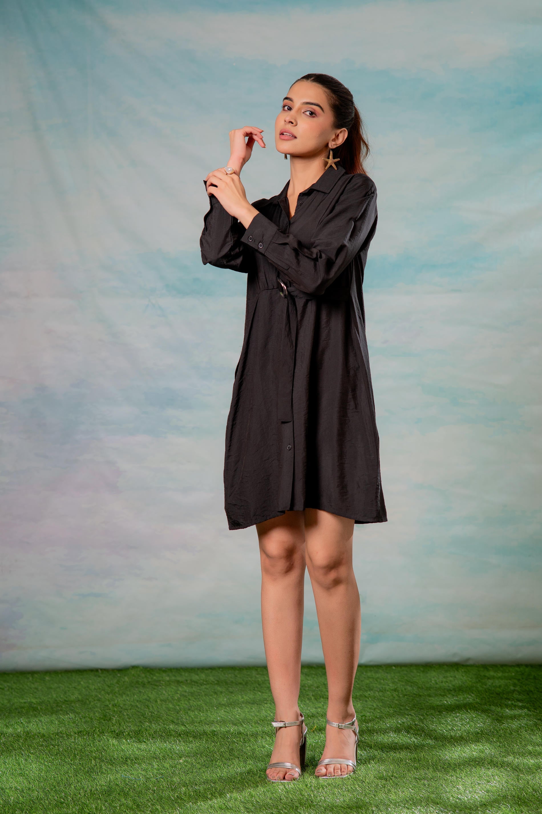 Lamora Black Solid Shirt Dress with Belt Detail