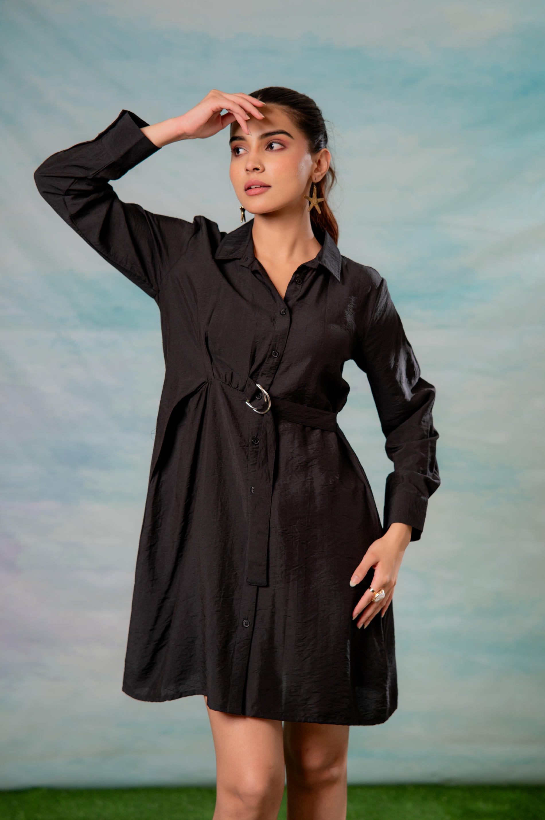 Lamora Black Solid Shirt Dress with Belt Detail