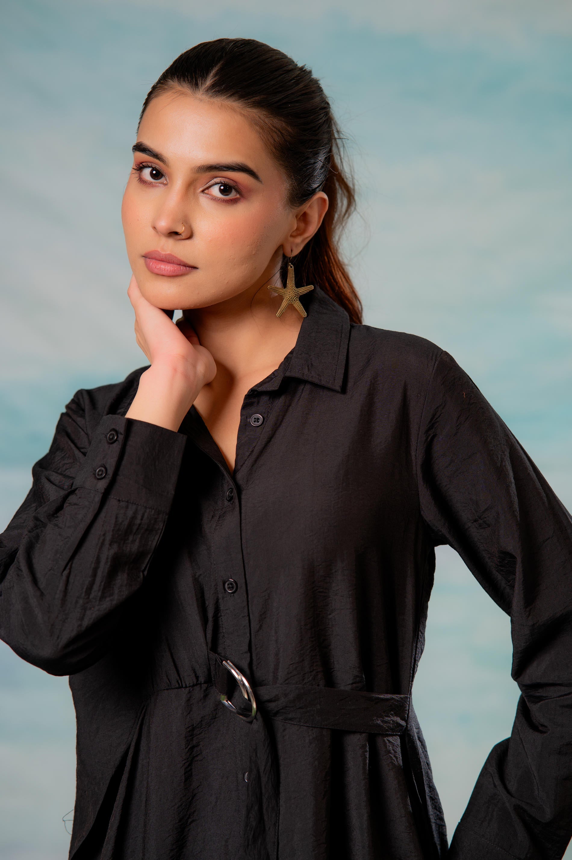 Lamora Black Solid Shirt Dress with Belt Detail