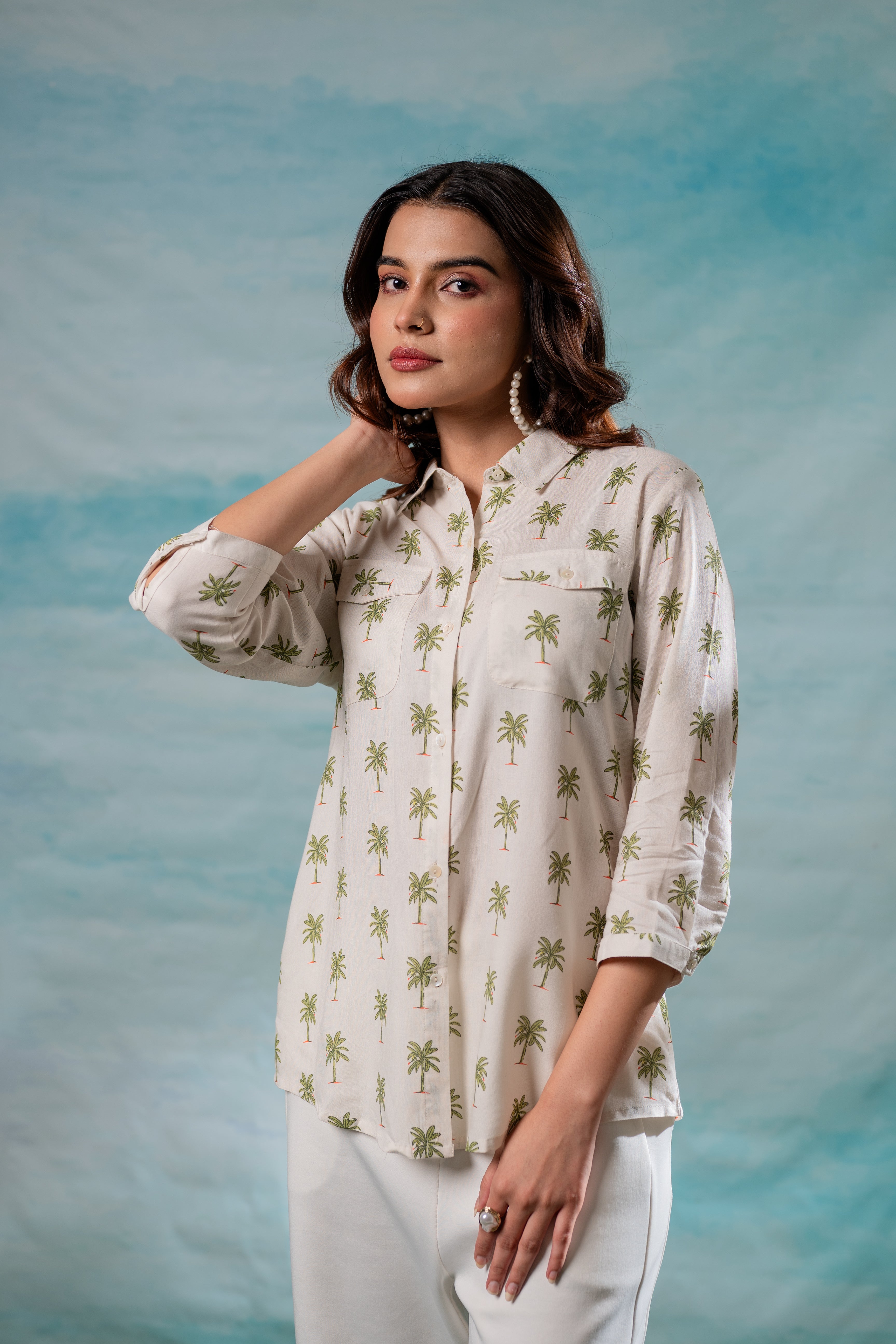 Lamora Off-White Palm Tree Printed Relaxed Fit Shirt