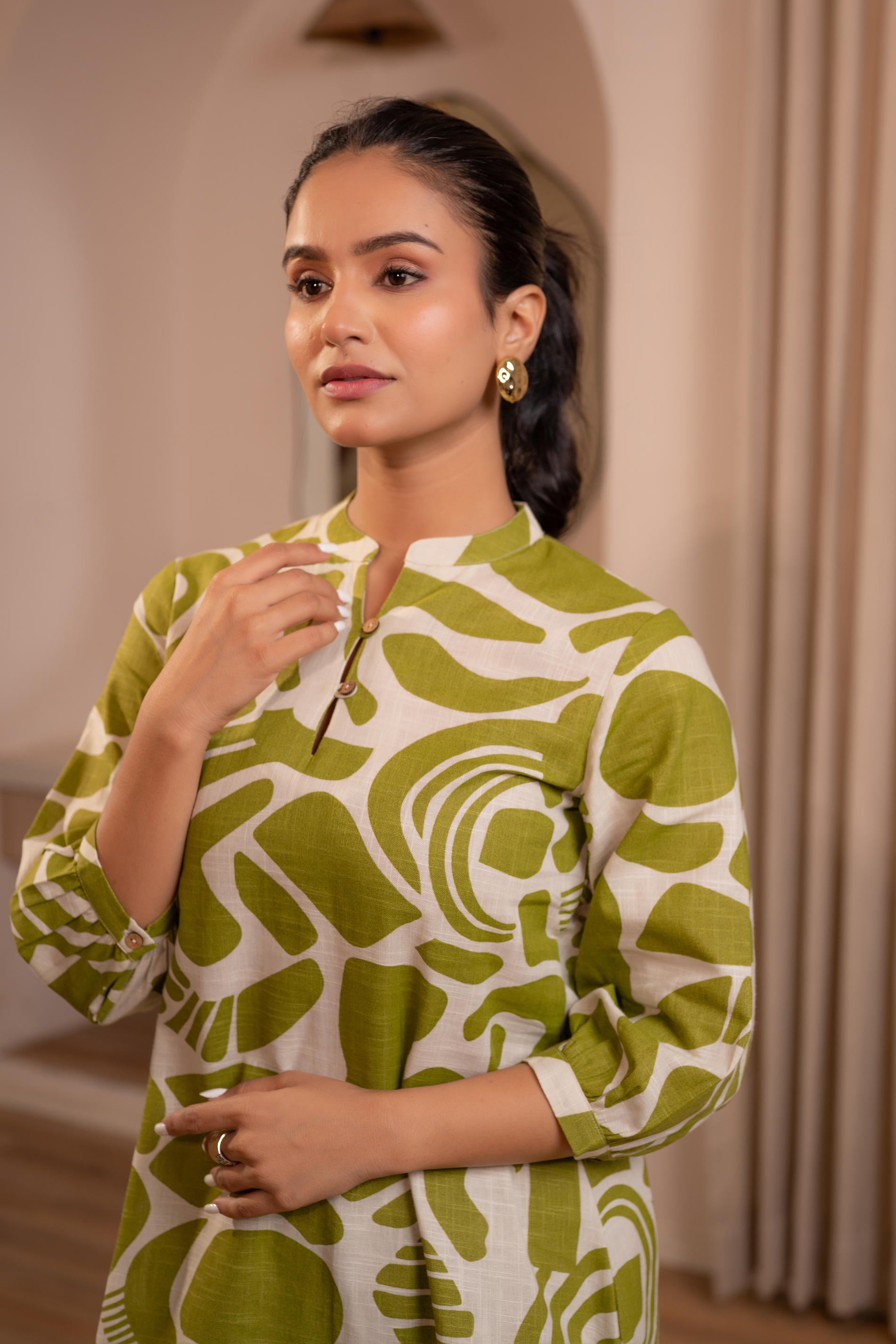Lamora Olive Abstract Co-ord Set with Contemporary Minimal Styling