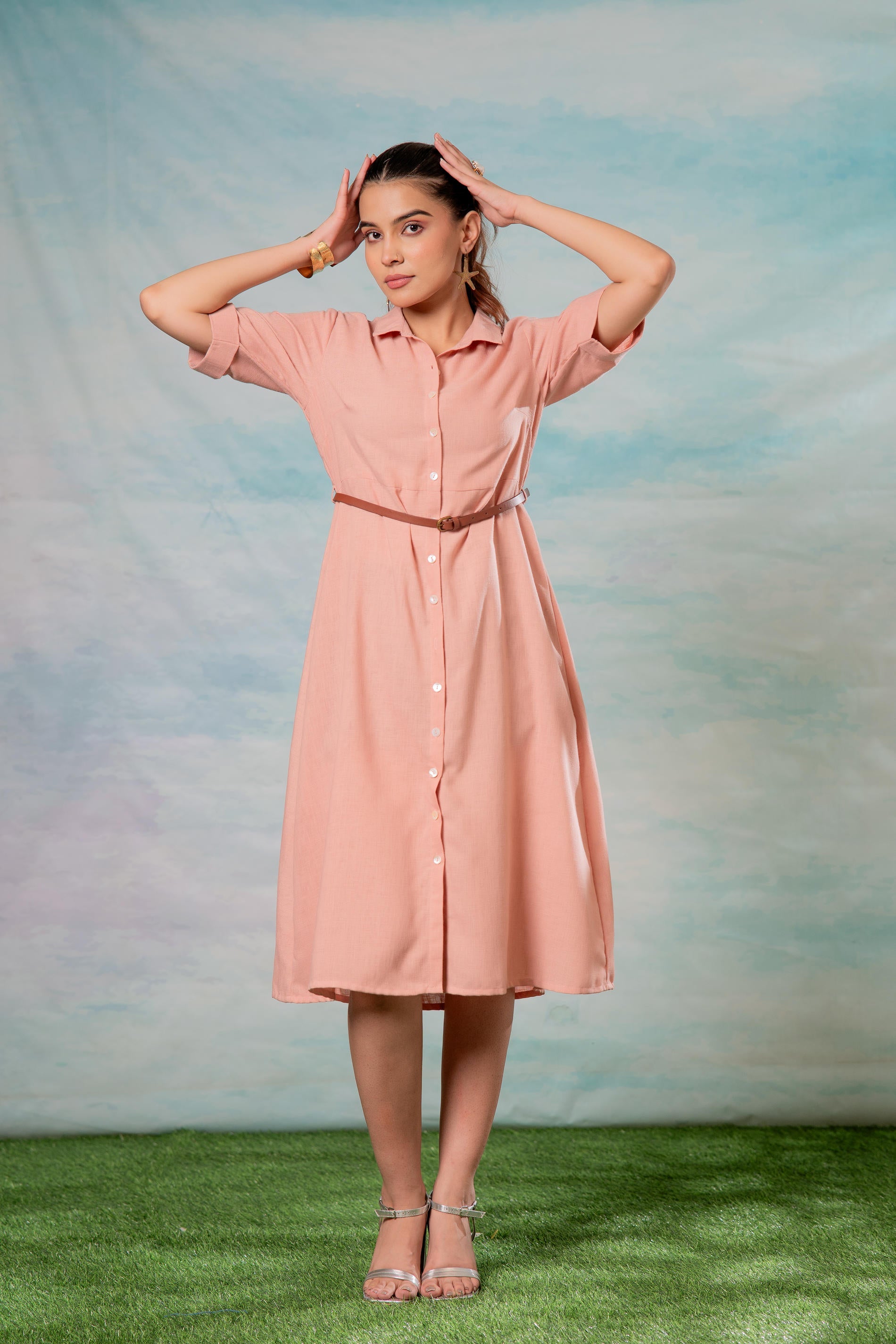 Lamora   RoseGold Belted Shirt Dress