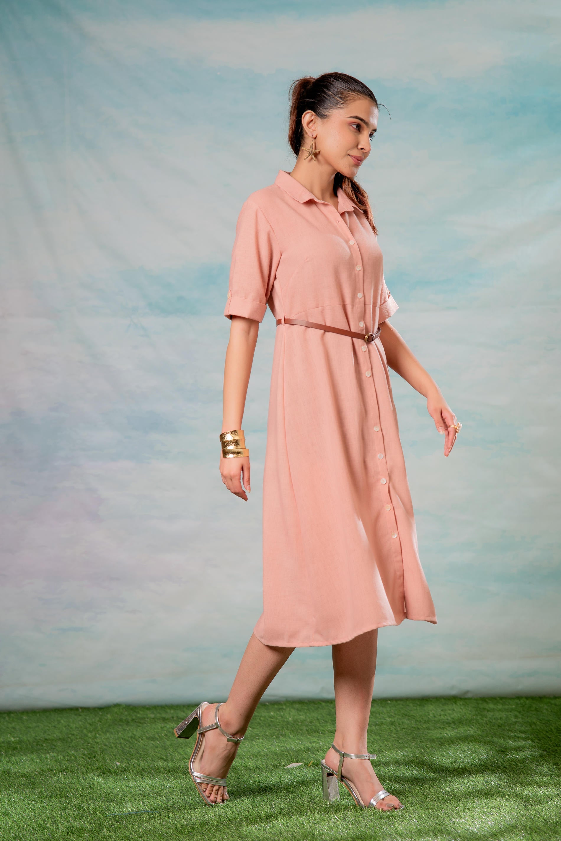 Lamora   RoseGold Belted Shirt Dress
