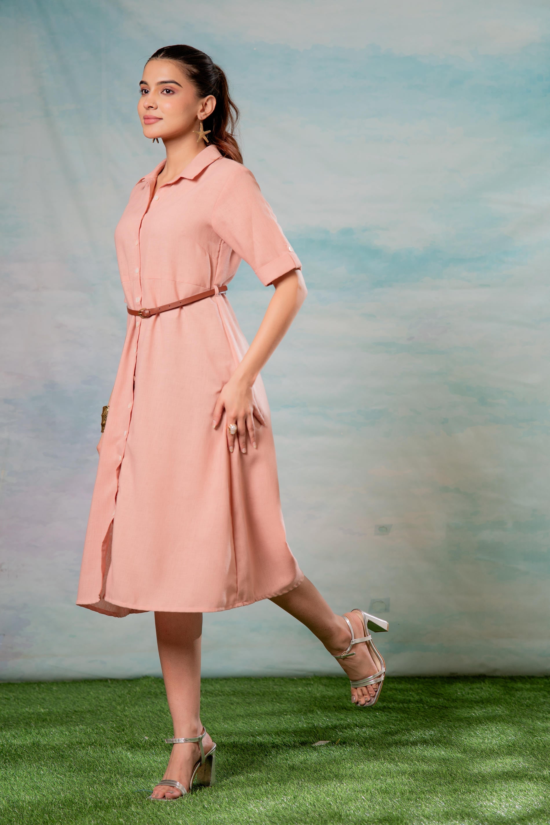 Lamora   RoseGold Belted Shirt Dress
