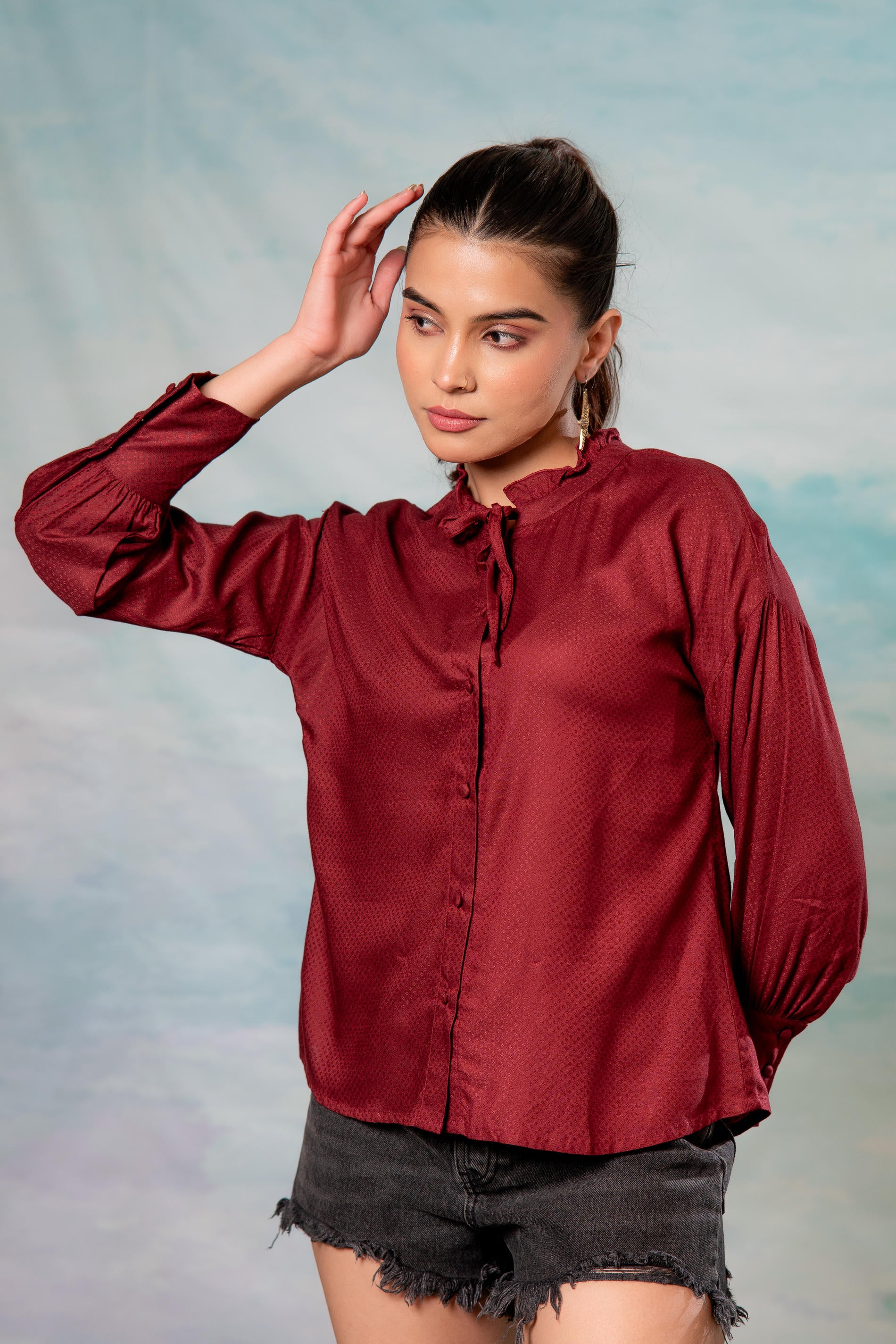 Lamora Maroon Textured High-Neck Pleated Sleeve Shirt