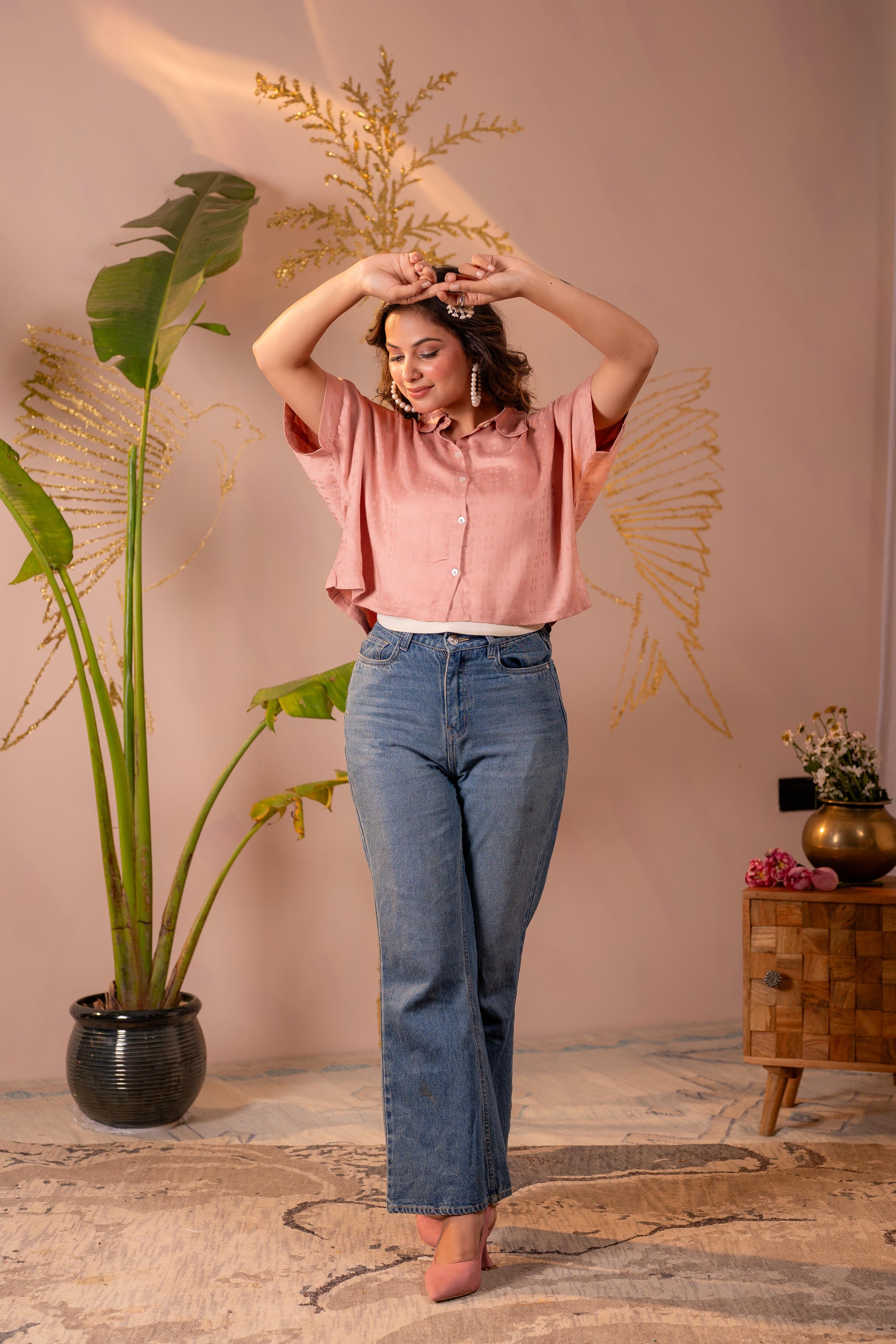 Lamora Rose Gold Textured Casual Shirt Top