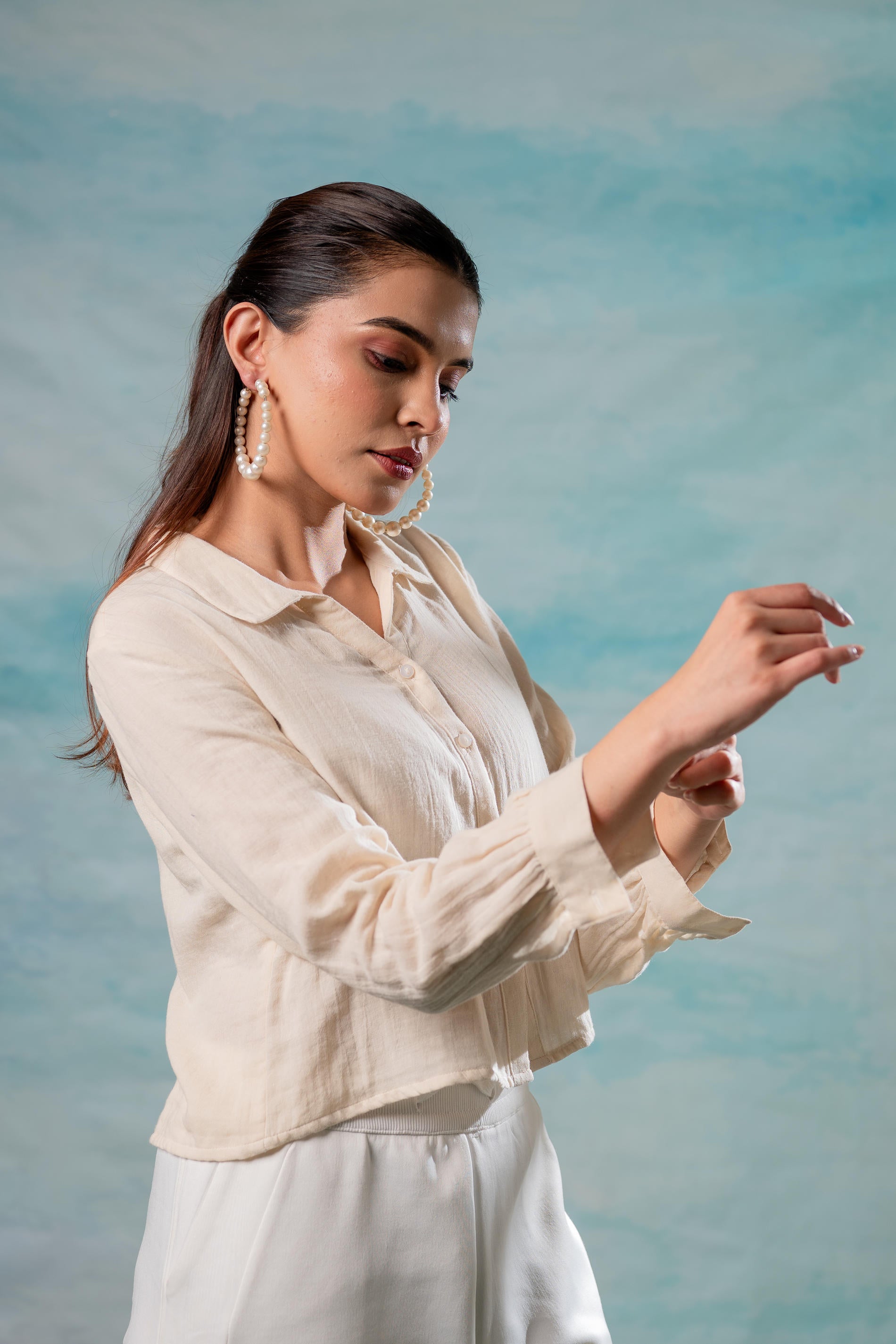 Lamora Beige Minimal Textured  Shirt