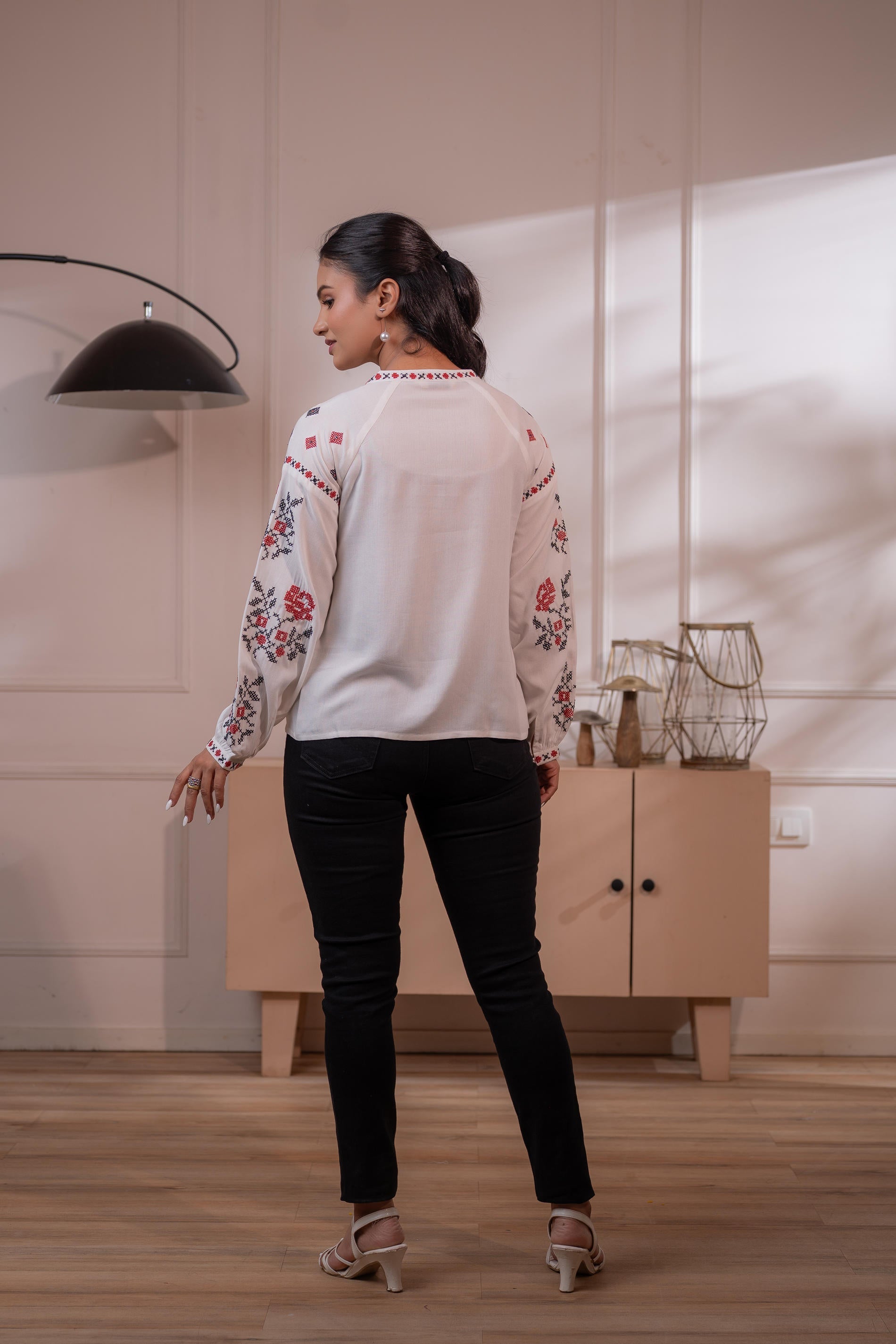 Lamora Off-White Boho Folk  Peasant Top with Tassel Tie-Up Neck