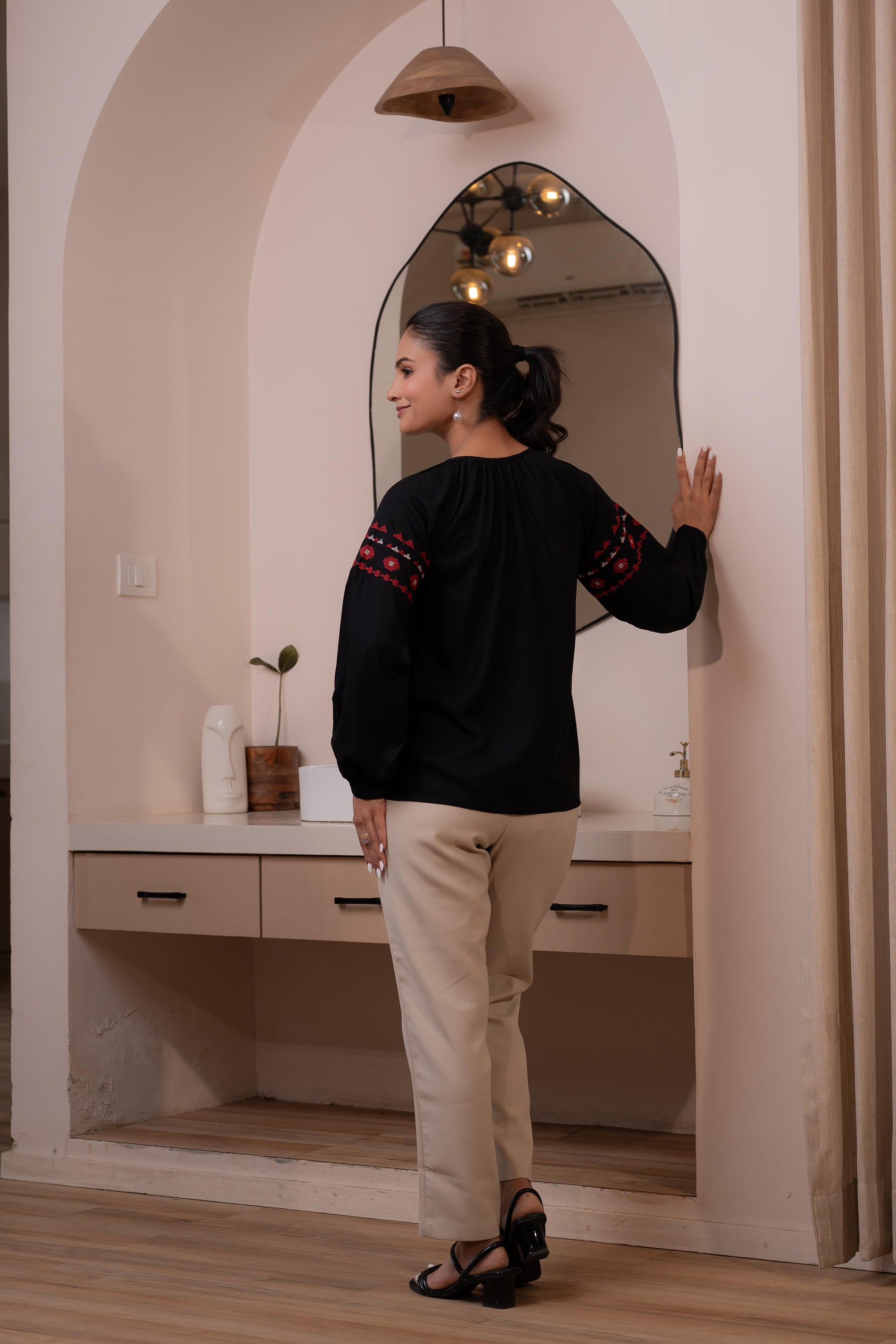 Lamora Black Boho Embroidered Tunic with Geometric Red Motifs