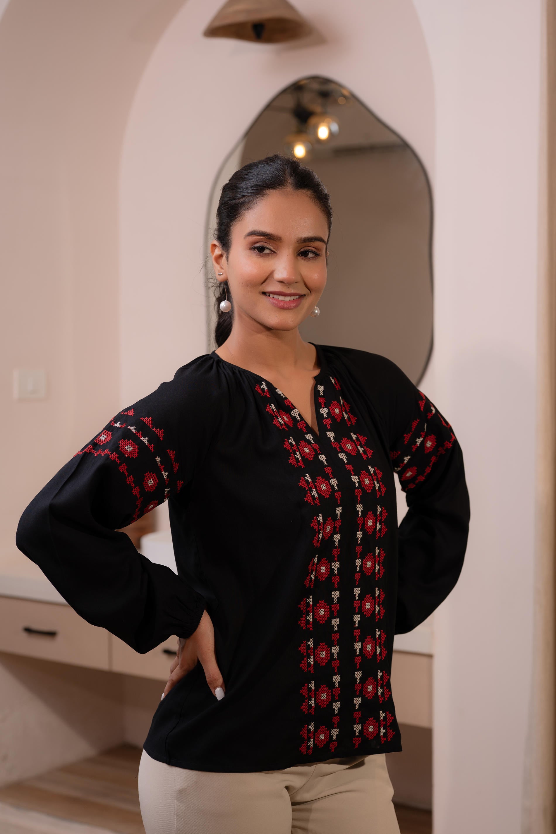 Lamora Black Boho Embroidered Tunic with Geometric Red Motifs