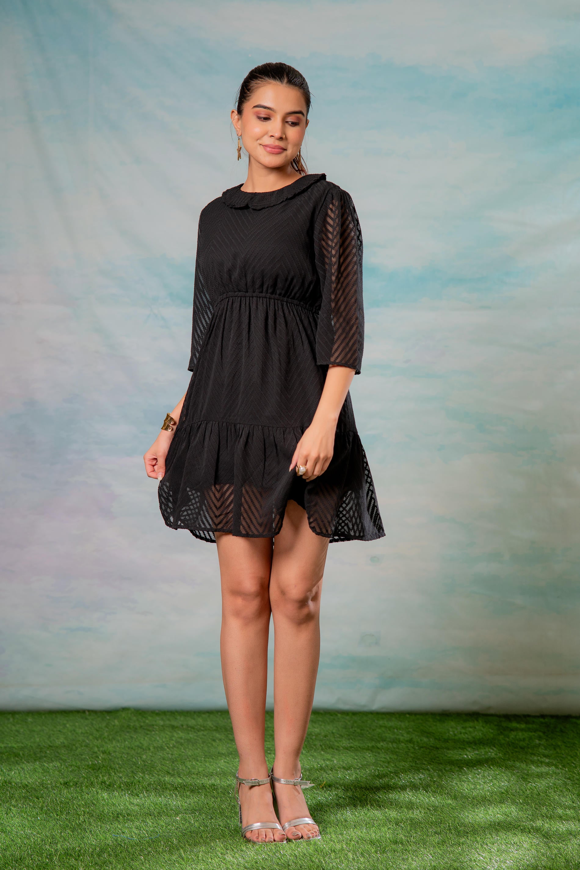 Lamora Black Chevron-Sheer Fit & Flare Mini Dress