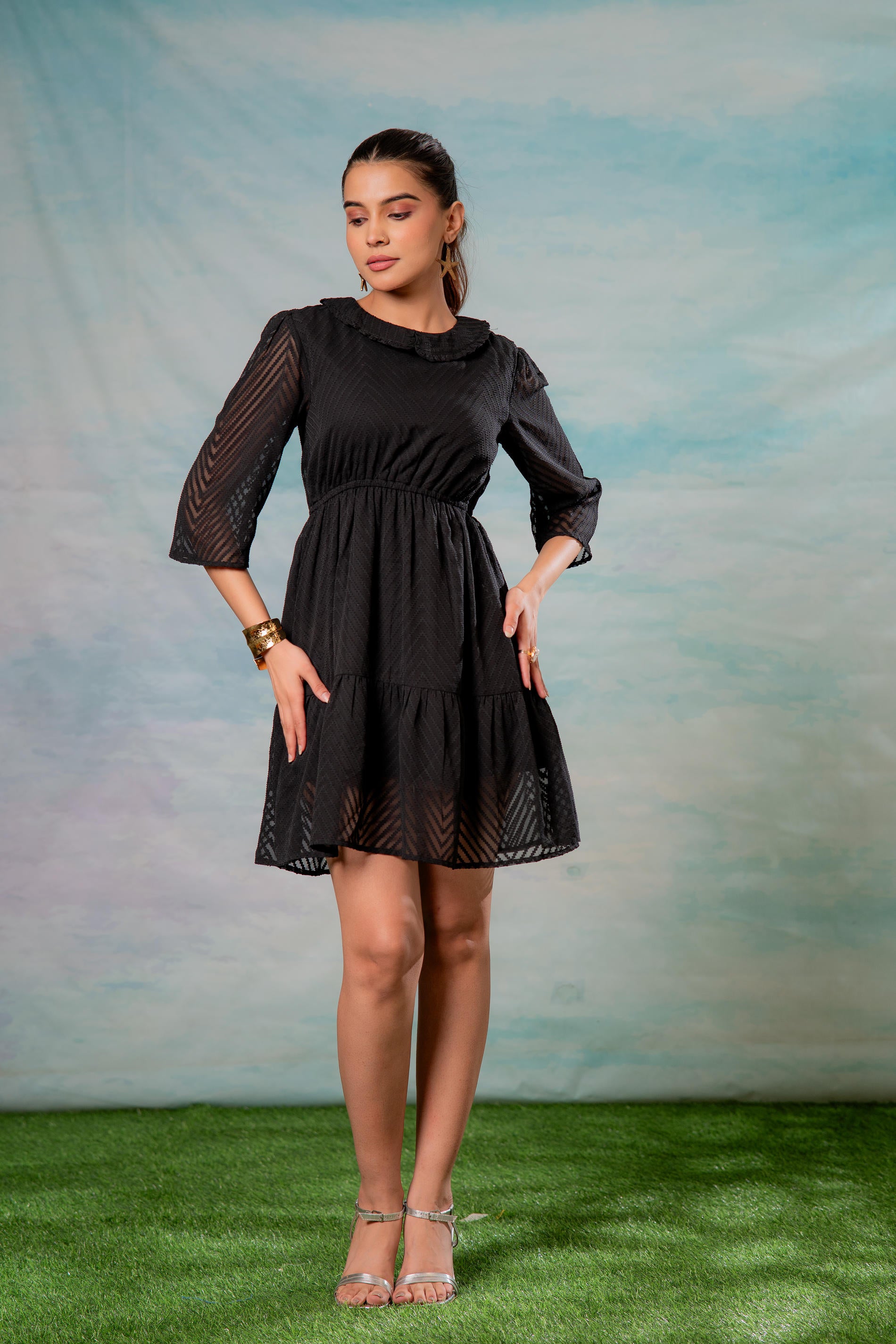 Lamora Black Chevron-Sheer Fit & Flare Mini Dress