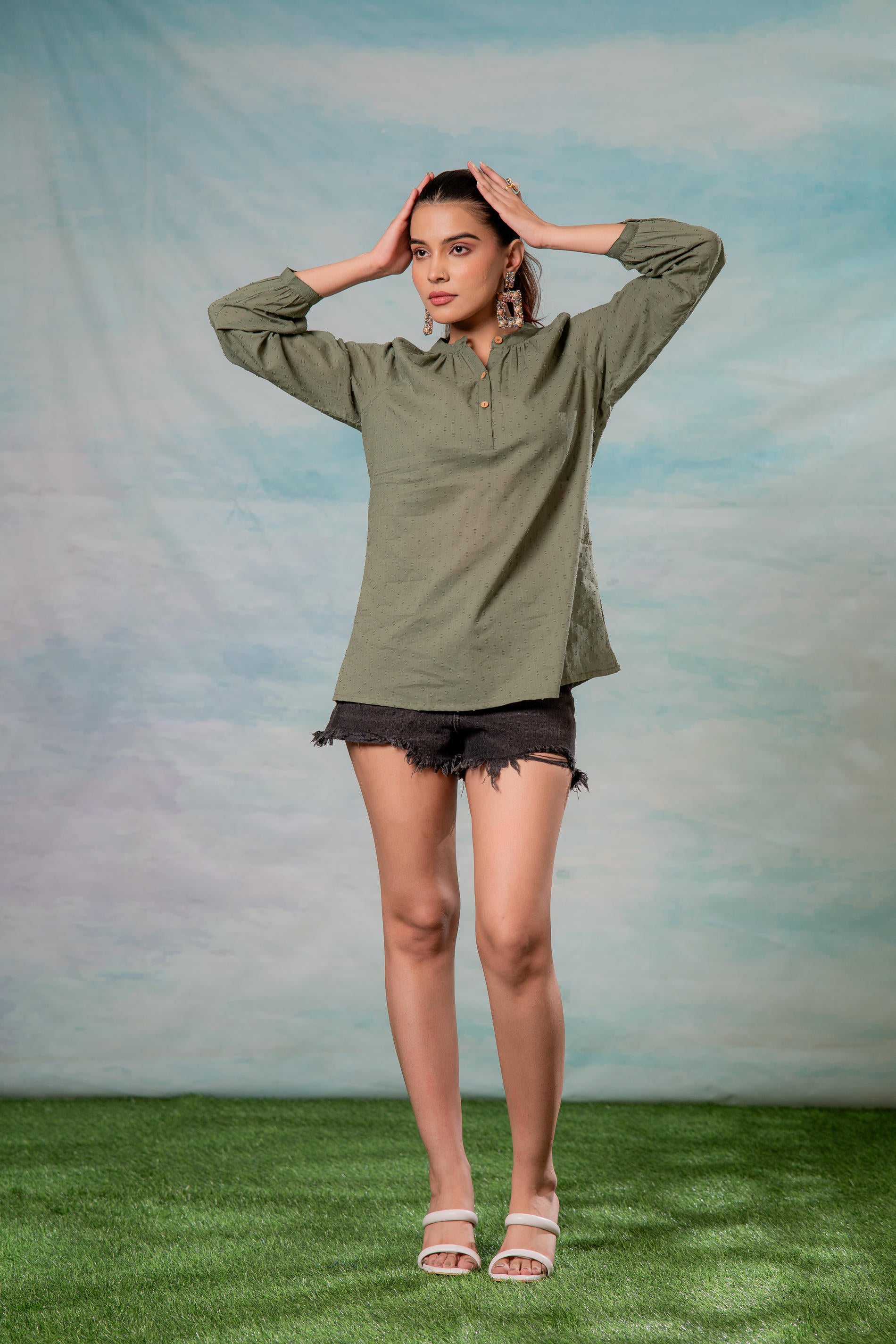 Lamora Olive Green Dobby-Textured Casual Tunic Top