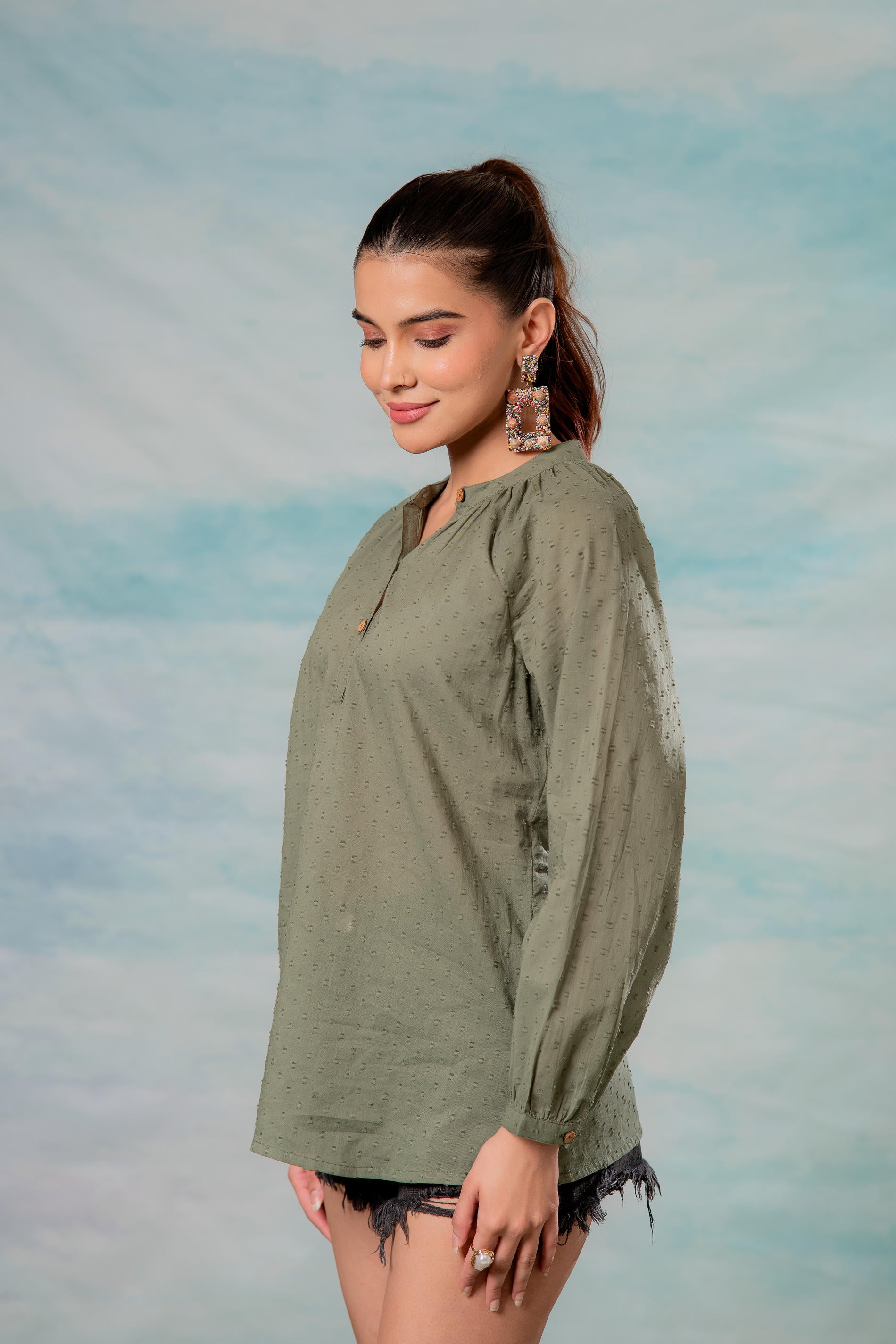 Lamora Olive Green Dobby-Textured Casual Tunic Top