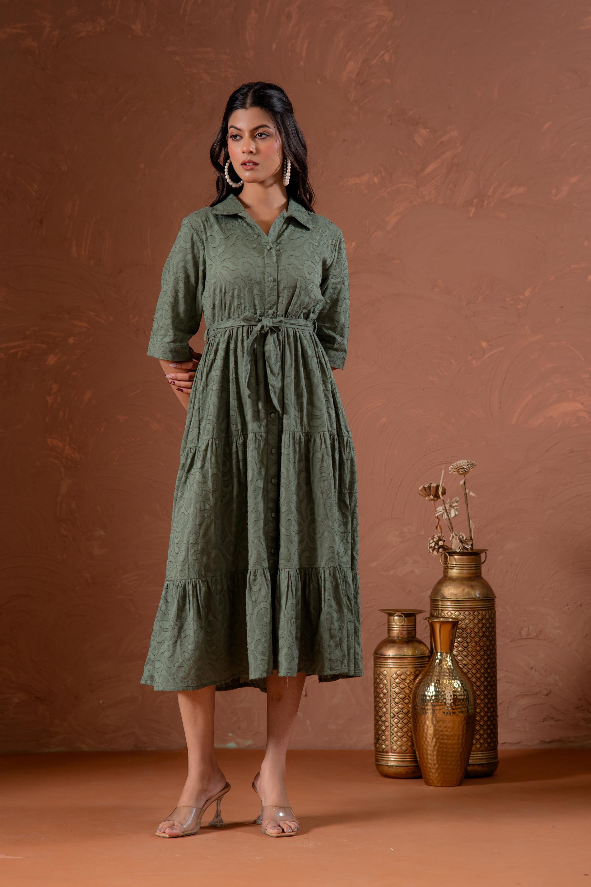 Sage Green Jacquard Tiered Shirt Dress with Waist Tie