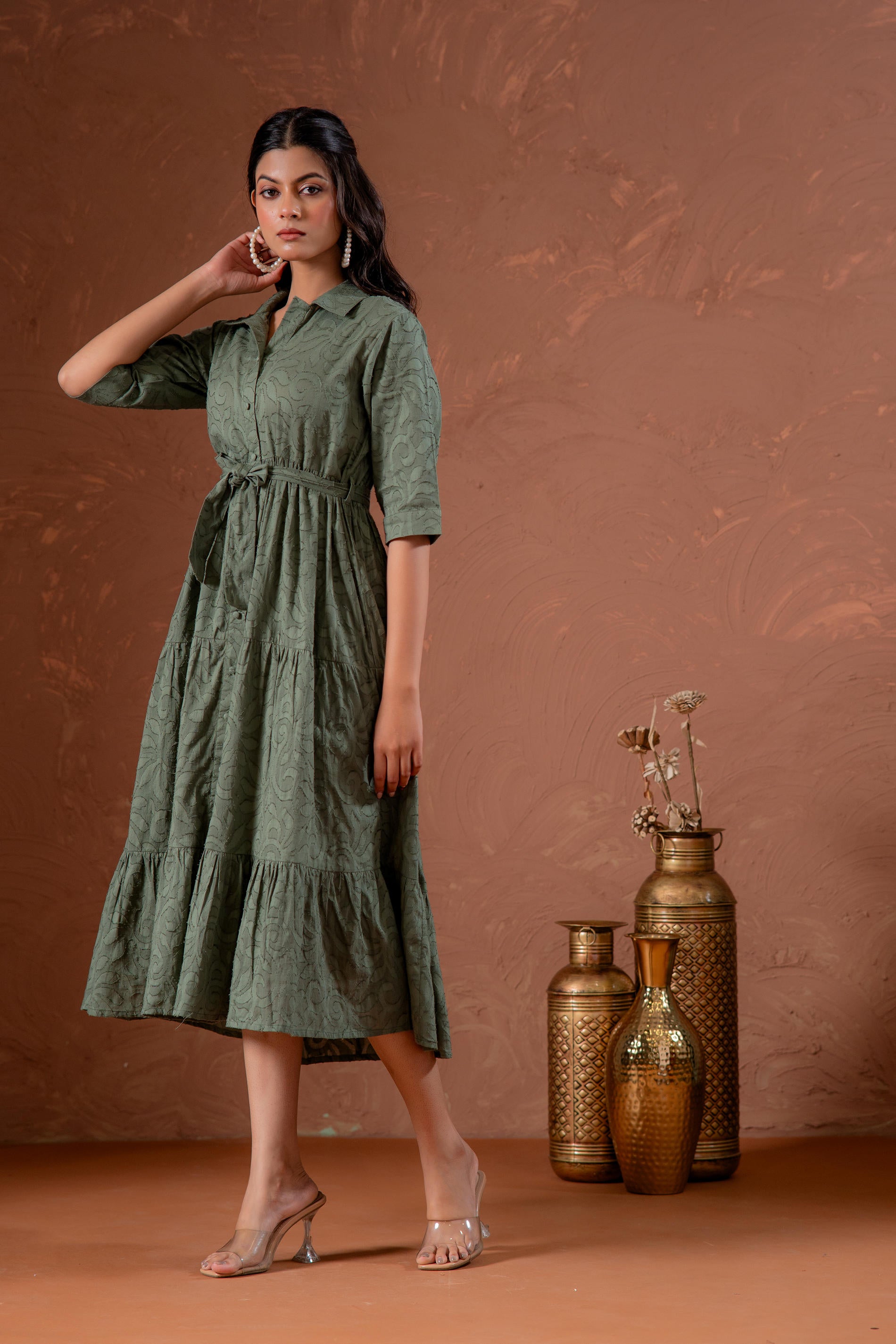 Sage Green Jacquard Tiered Shirt Dress with Waist Tie