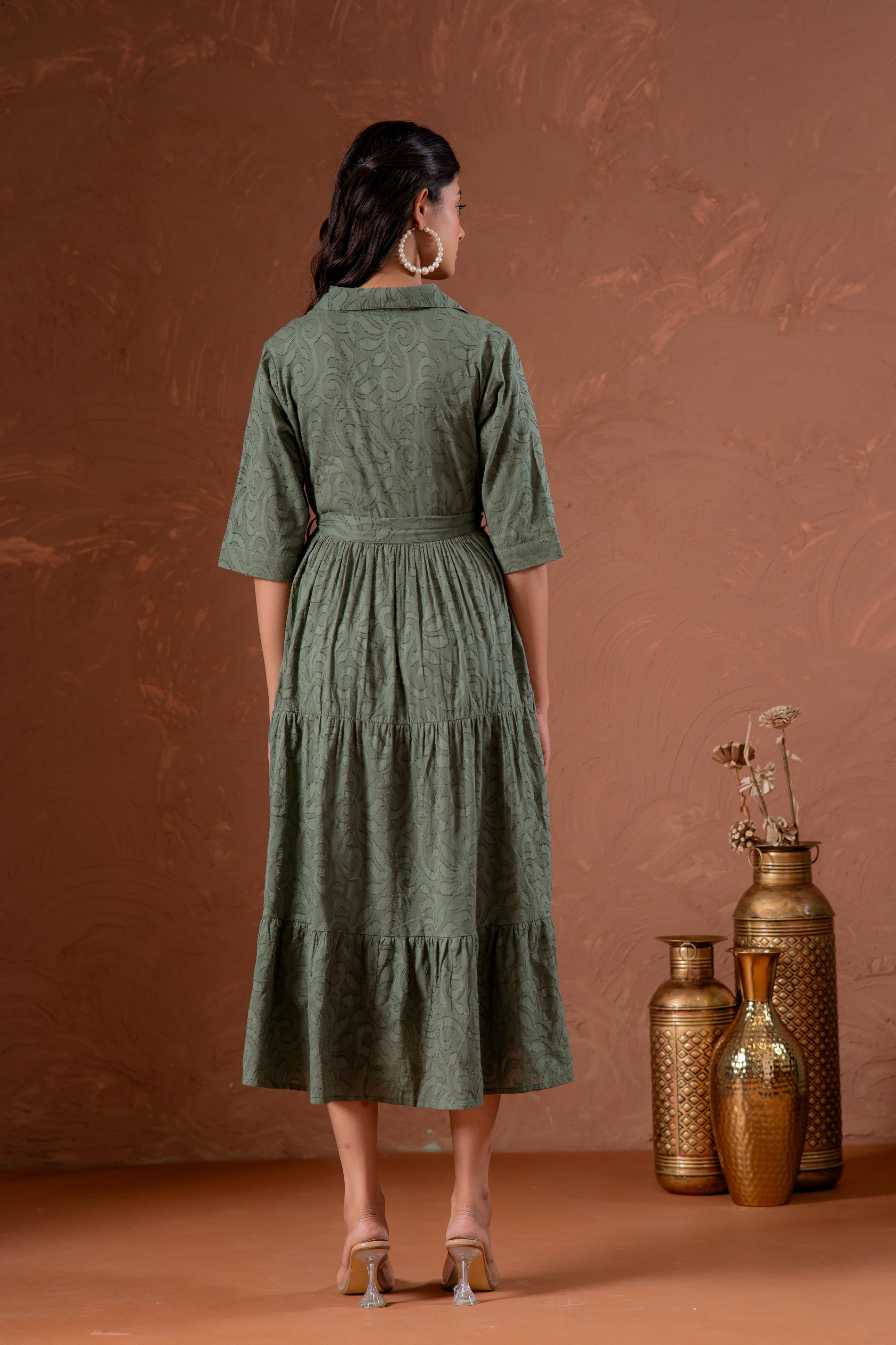 Sage Green Jacquard Tiered Shirt Dress with Waist Tie