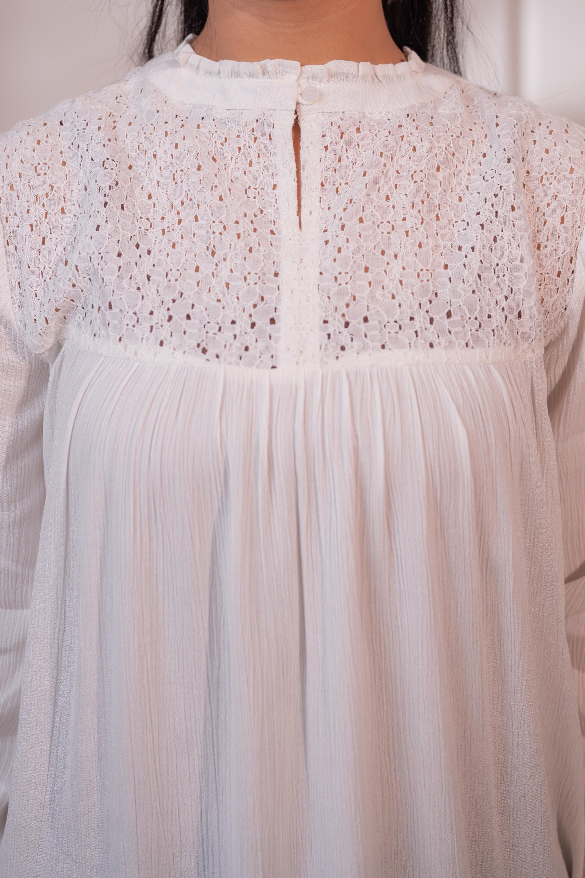 Lamora Off-White Eyelet Yoke Gathered Peasant Top