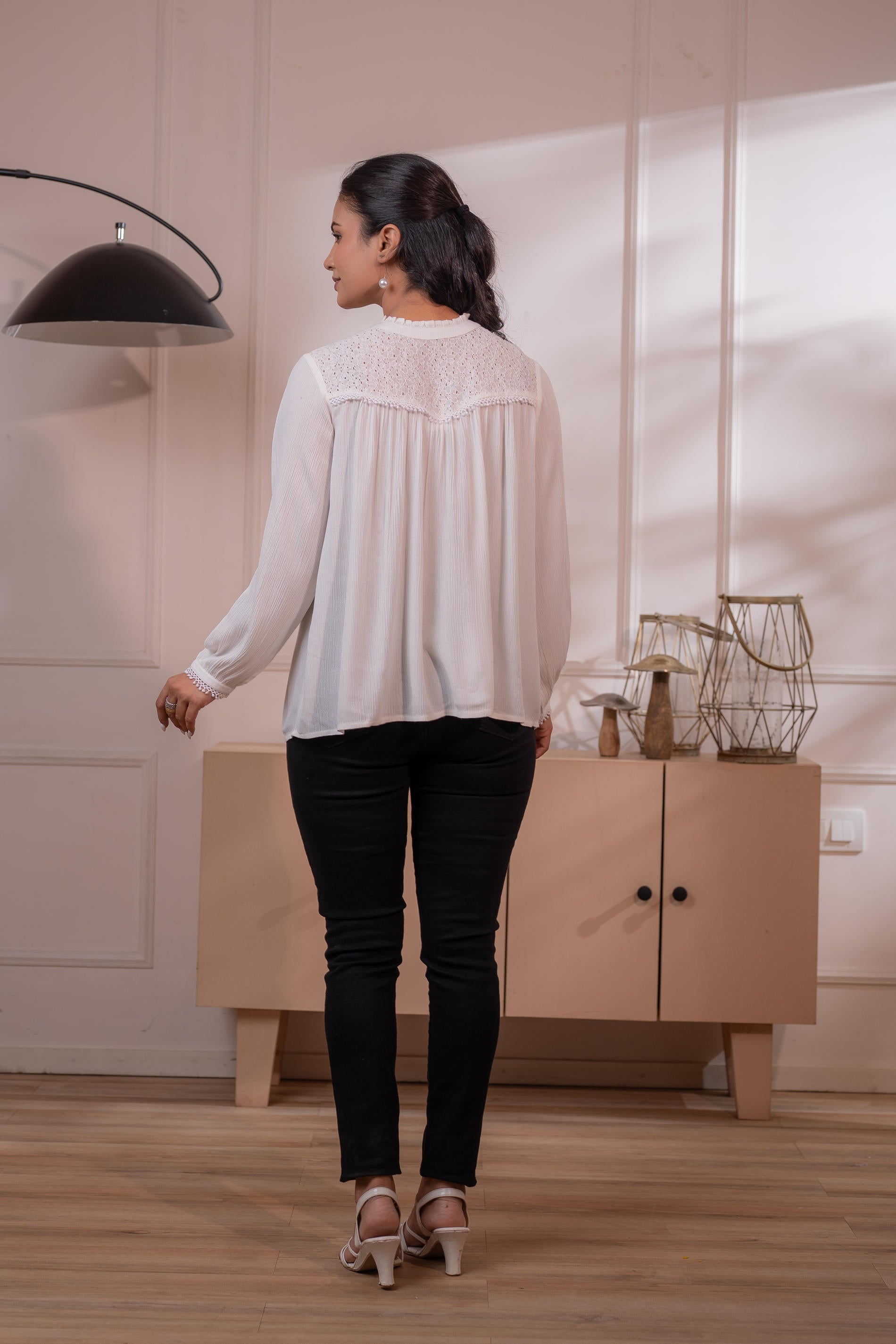 Lamora Off-White Eyelet Yoke Gathered Peasant Top