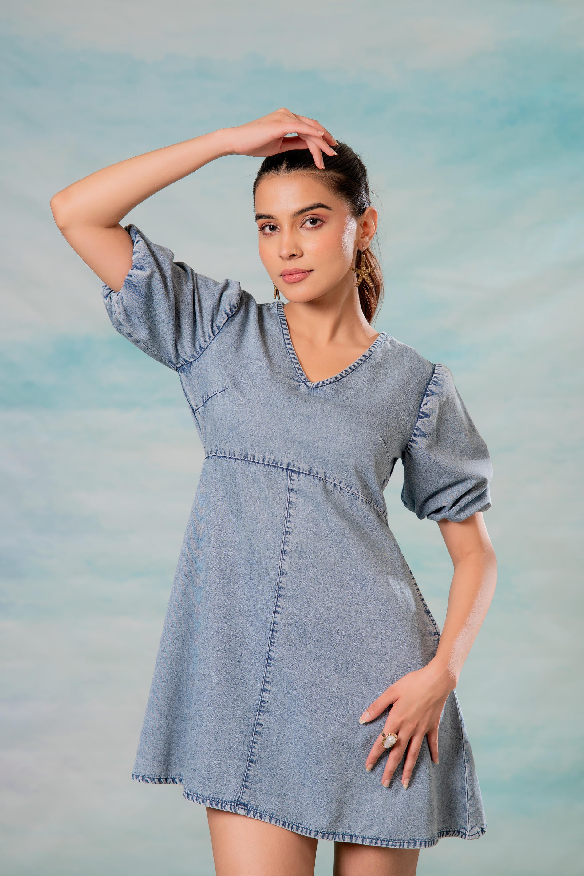 Lamora Light Blue Denim A-Line Mini Dress with Puff Sleeves