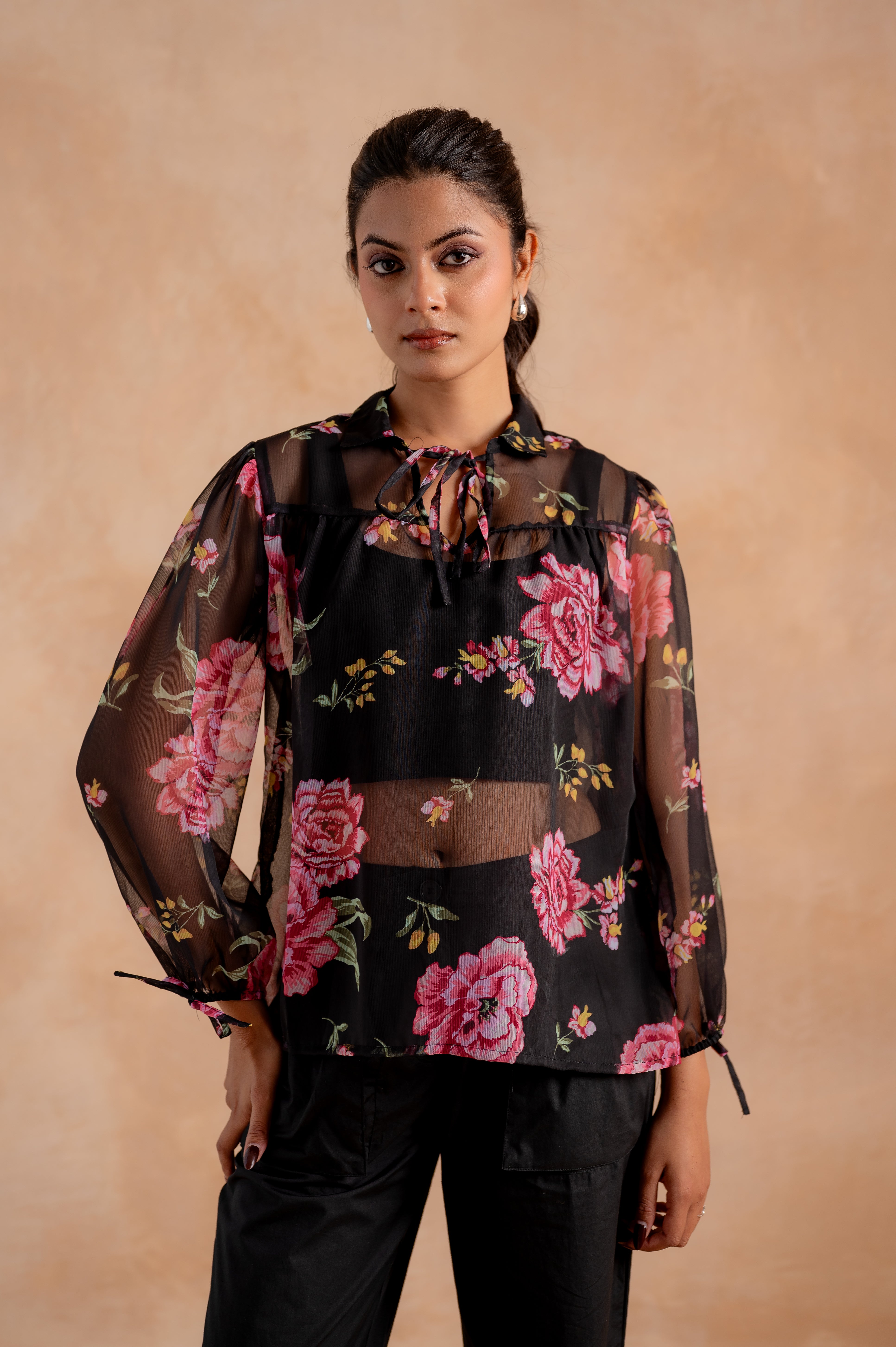 Lamora Black Sheer Floral Tie-Neck Statement Top
