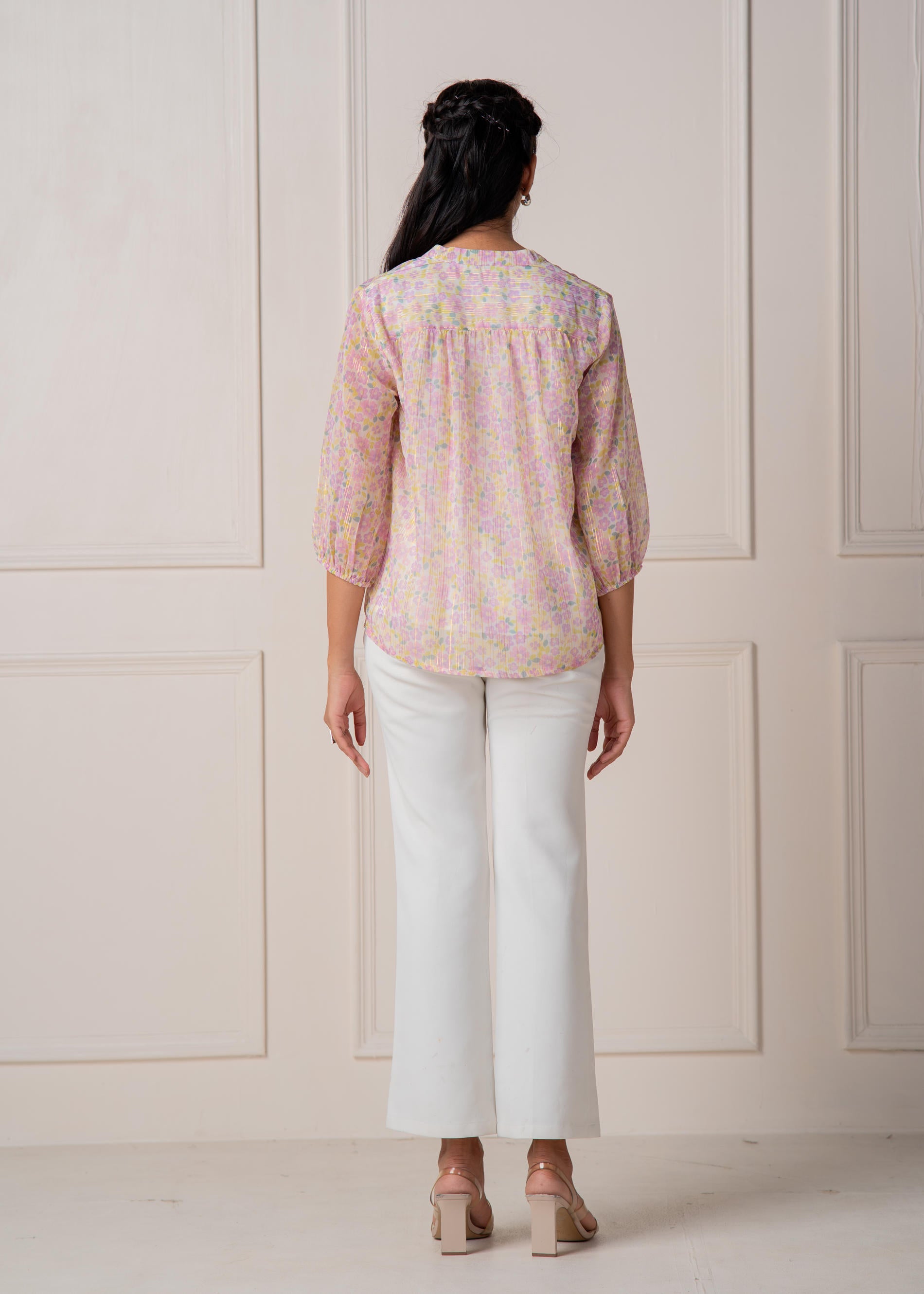 Lamora Pastel Floral Tie-Neck Peasant Top with Tassels