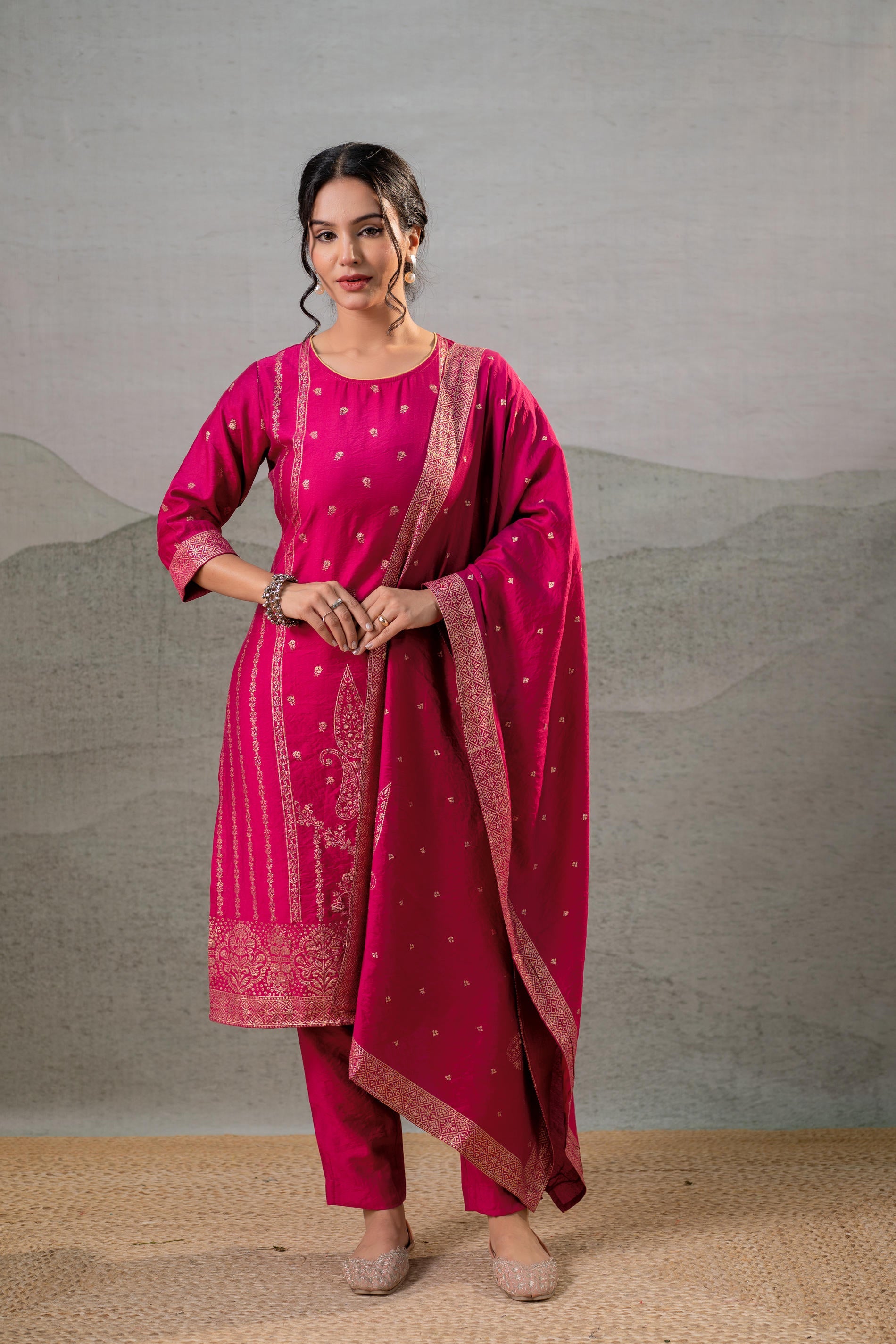 Fuchsia, Foil-Print Straight Kurta Set with Pant & Ornate Dupatta