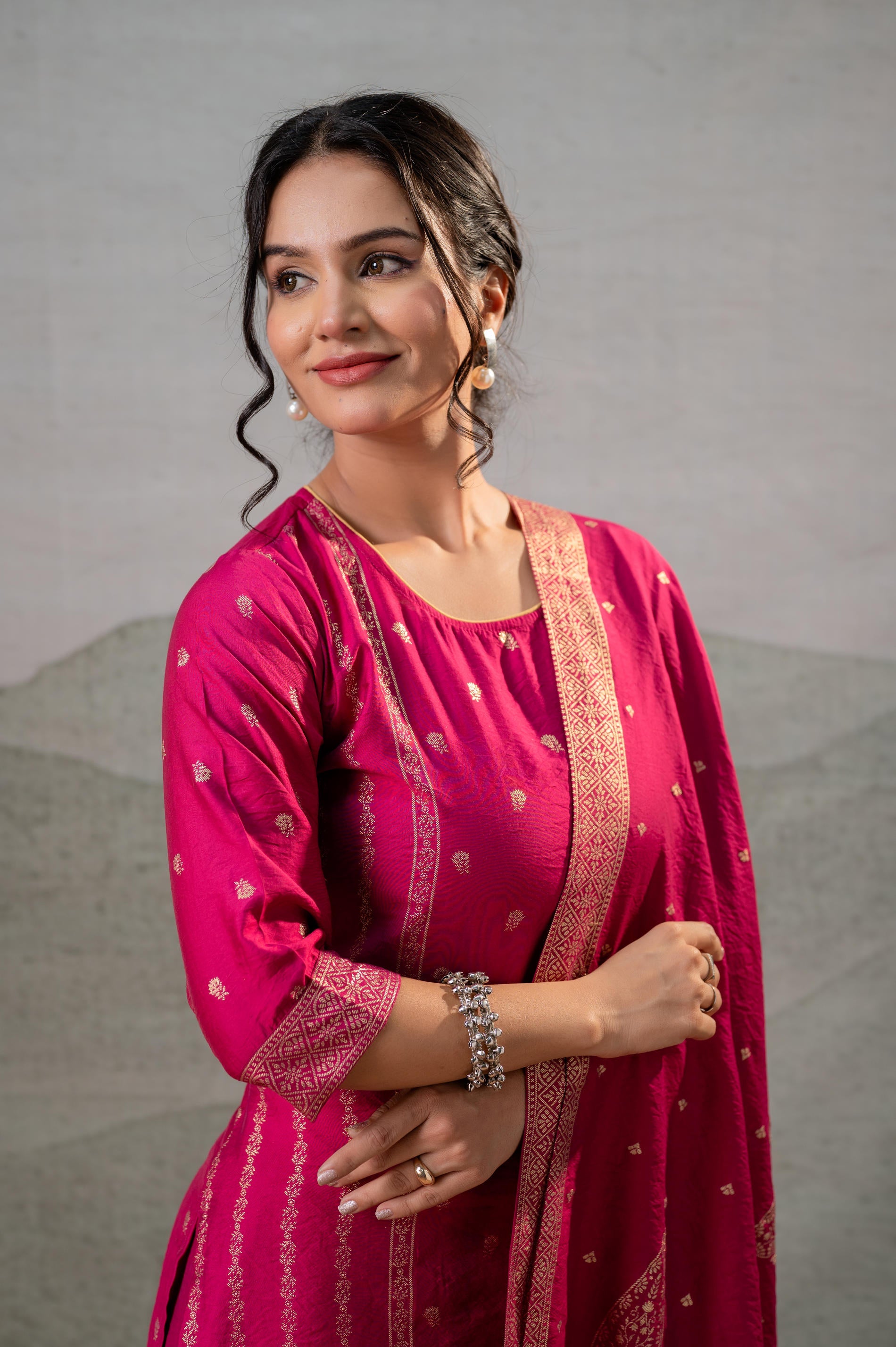 Fuchsia, Foil-Print Straight Kurta Set with Pant & Ornate Dupatta