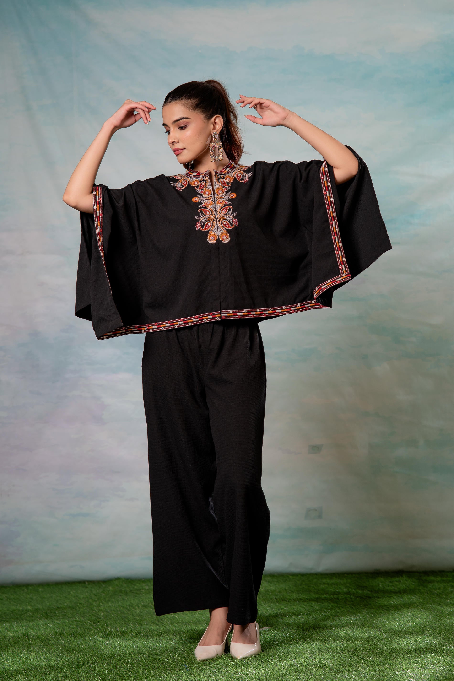 Black Embroidered Cape Tunic with Matching Palazzo Pants
