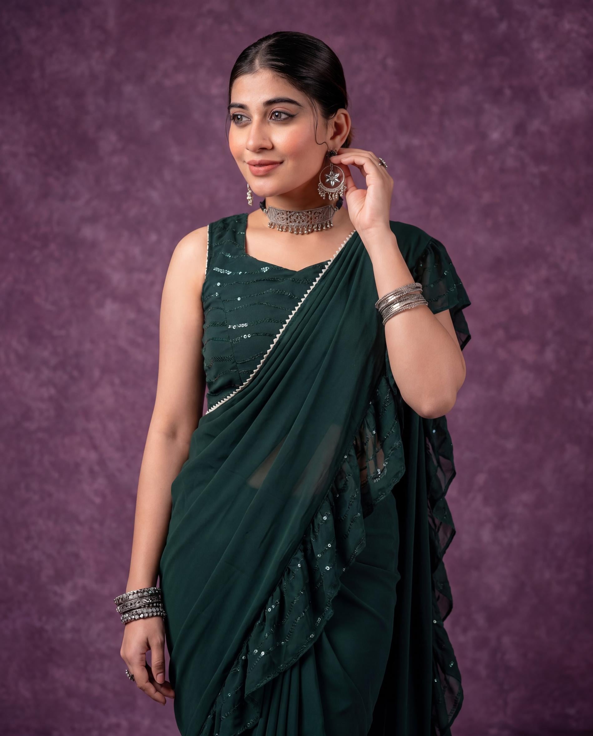 Green Pre-Draped Saree Co-ord Set with Striped Top and Sharara