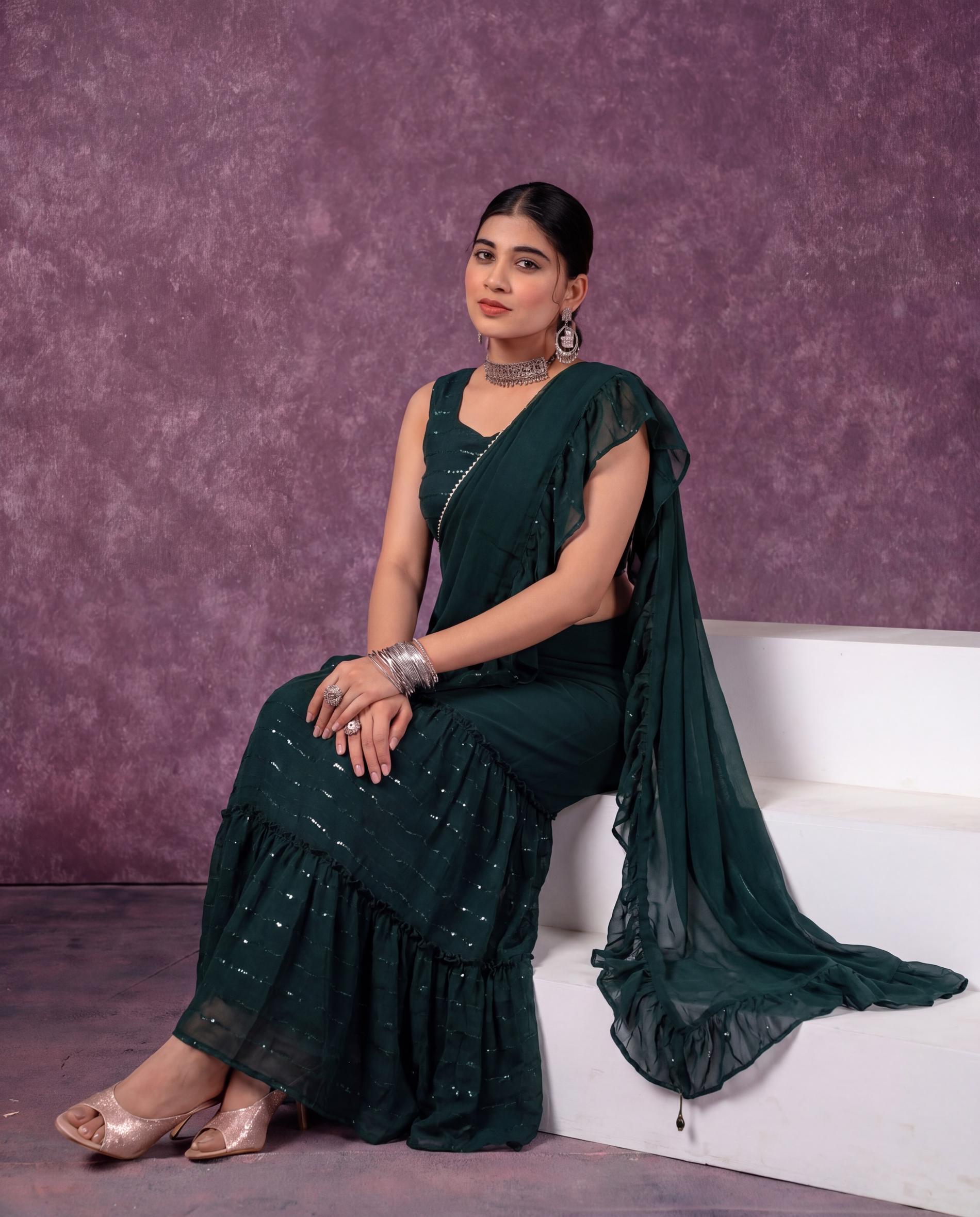 Green Pre-Draped Saree Co-ord Set with Striped Top and Sharara