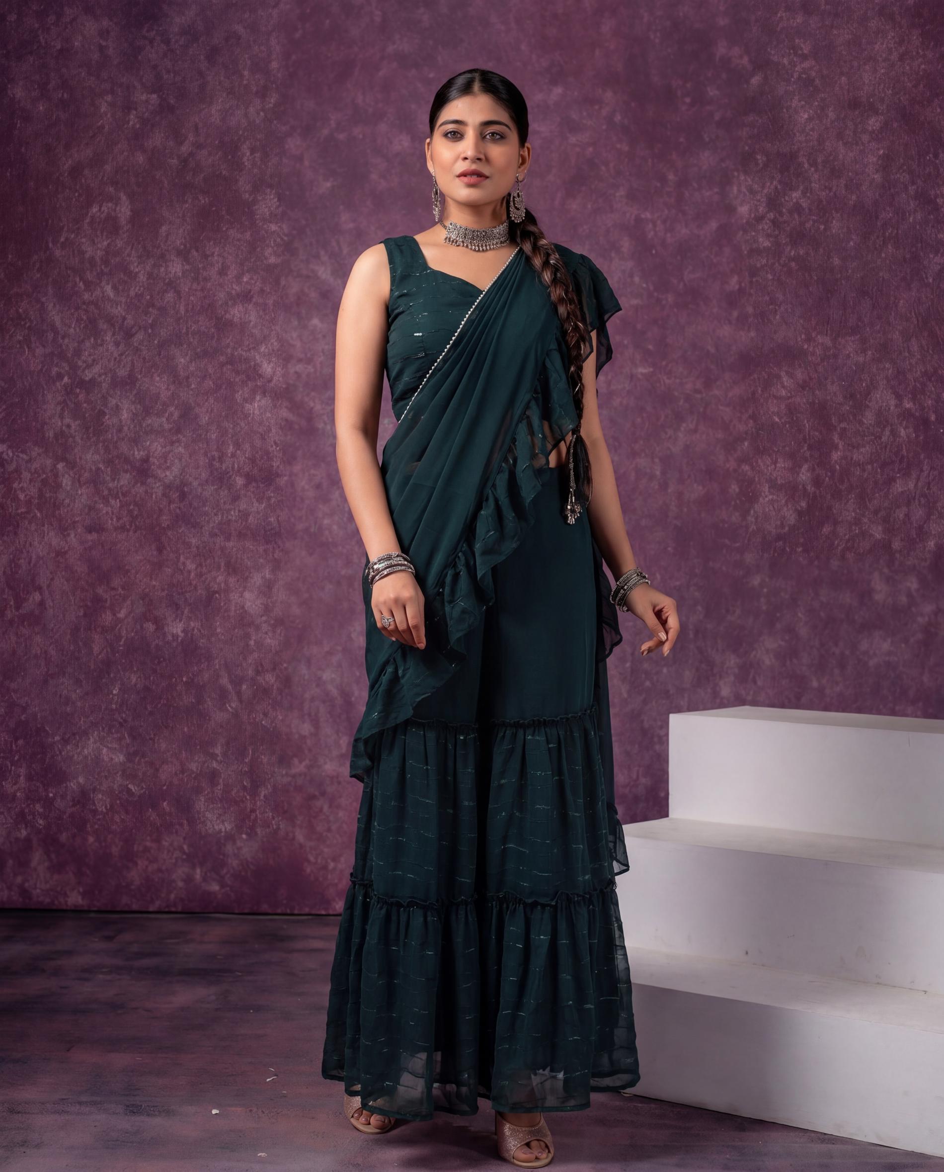 Green Pre-Draped Saree Co-ord Set with Striped Top and Sharara