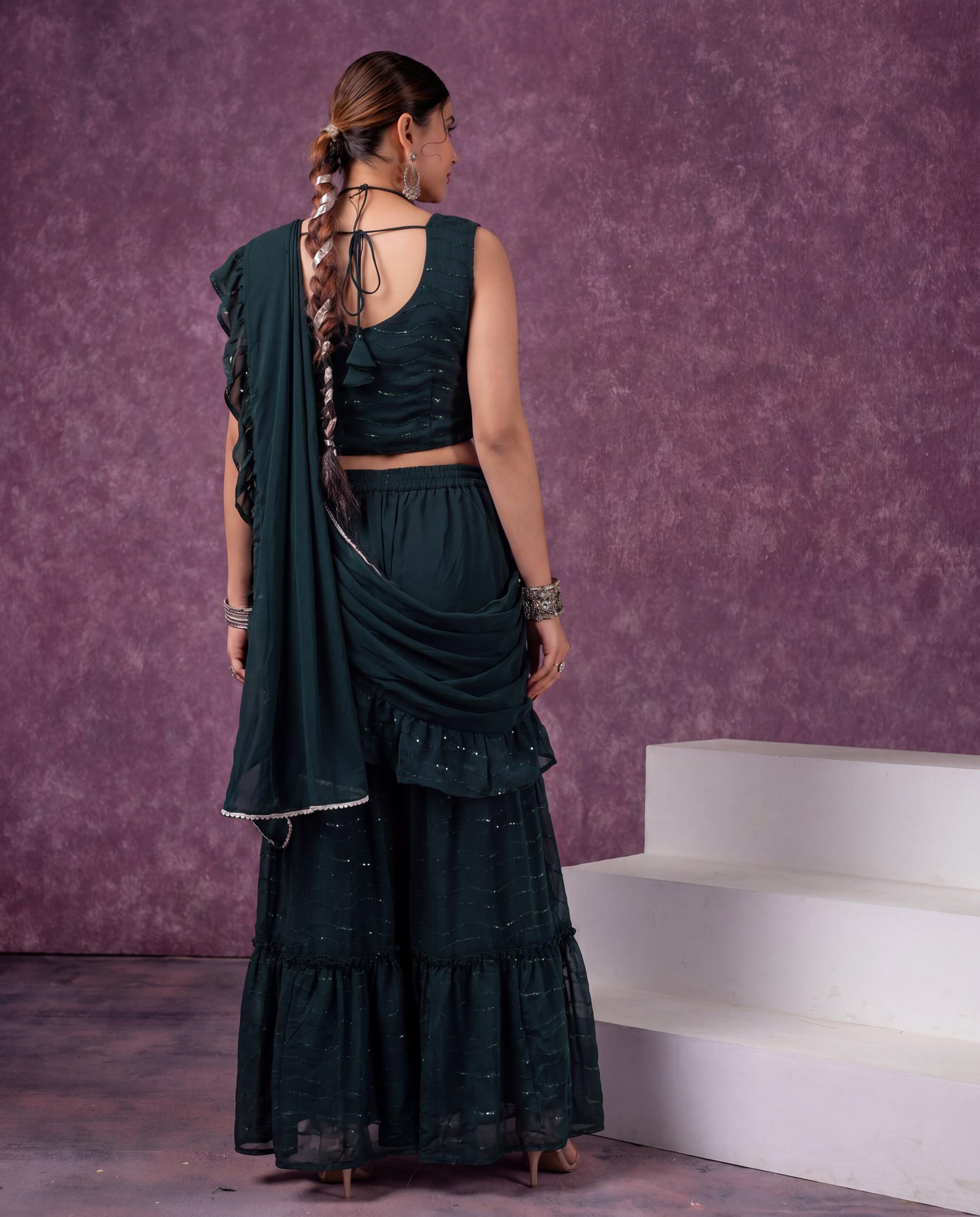 Green Pre-Draped Saree Co-ord Set with Striped Top and Sharara