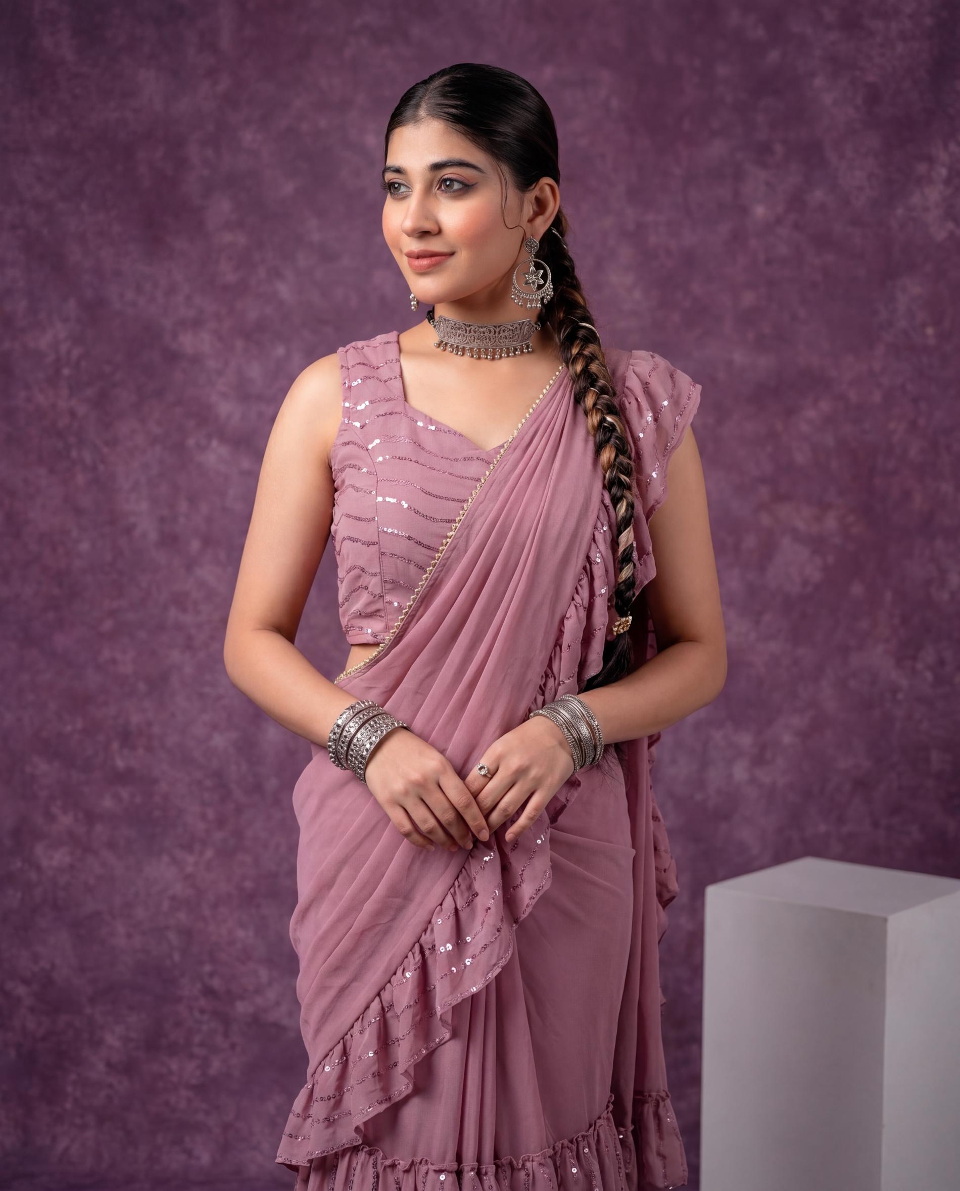 Onion Pink Pre-Draped Saree Co-ord Set with Striped Top and Sharara
