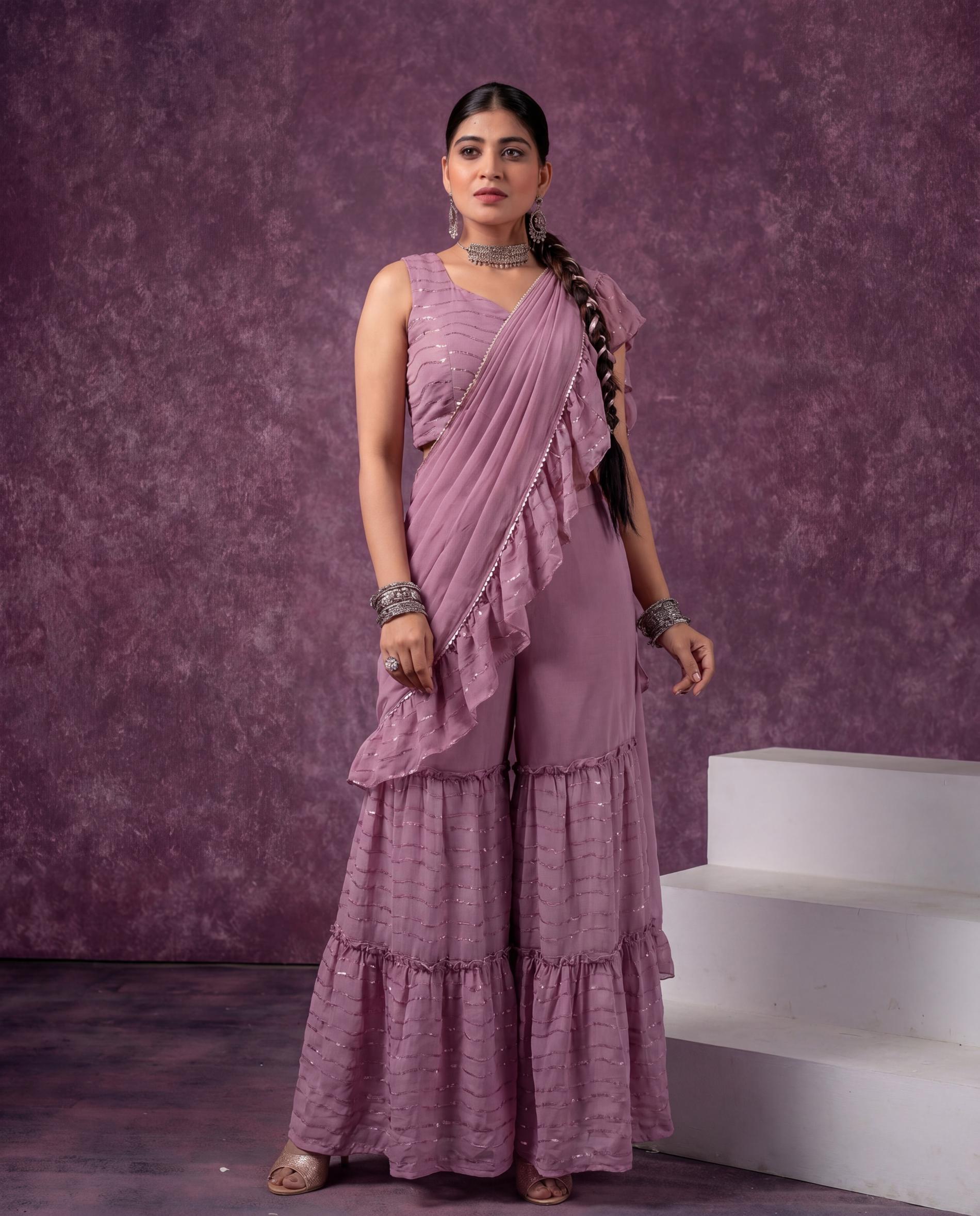 Onion Pink Pre-Draped Saree Co-ord Set with Striped Top and Sharara