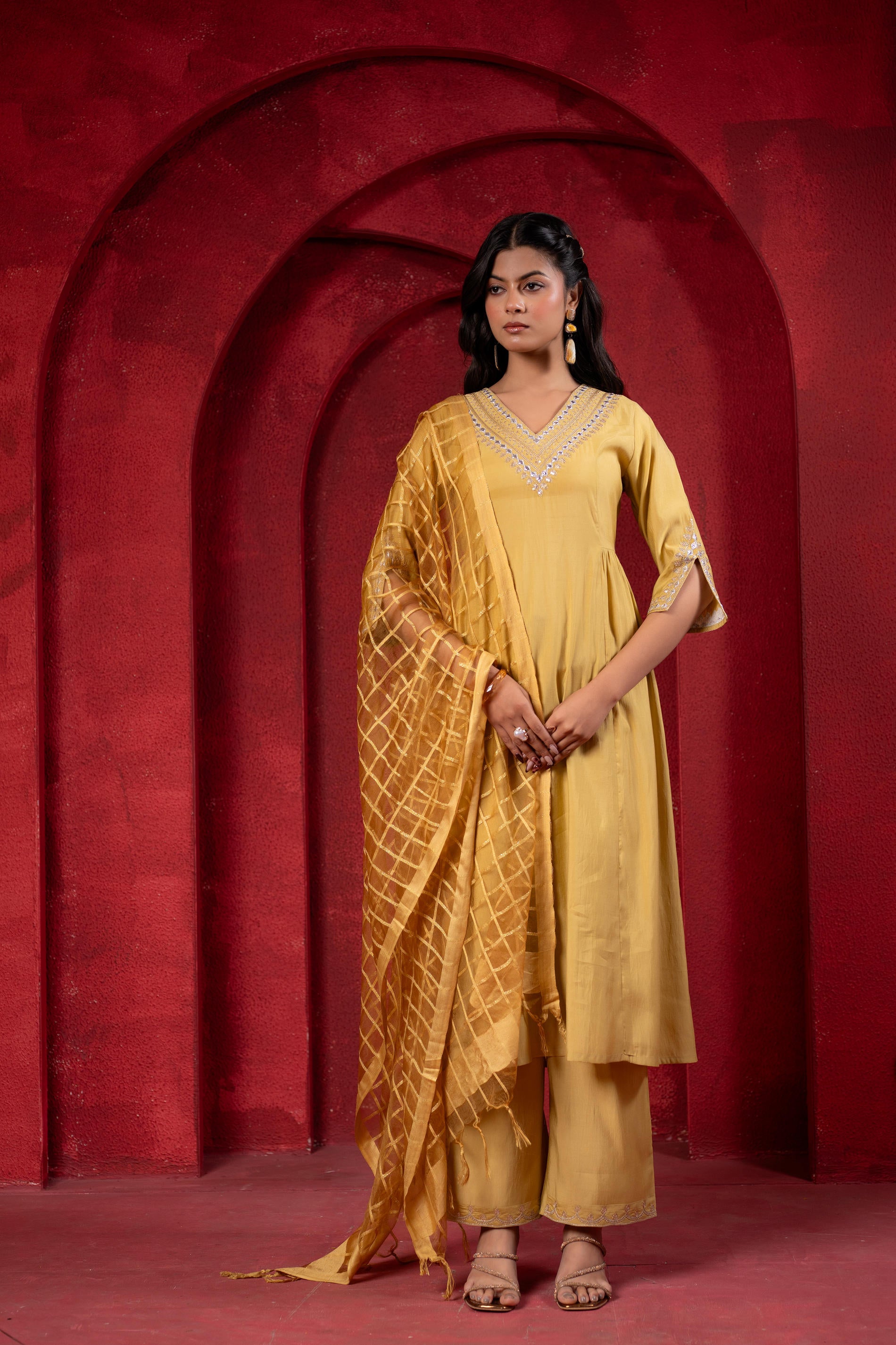 Mustard Elegance Chanderi Kurta Set with Geometric Dupatta