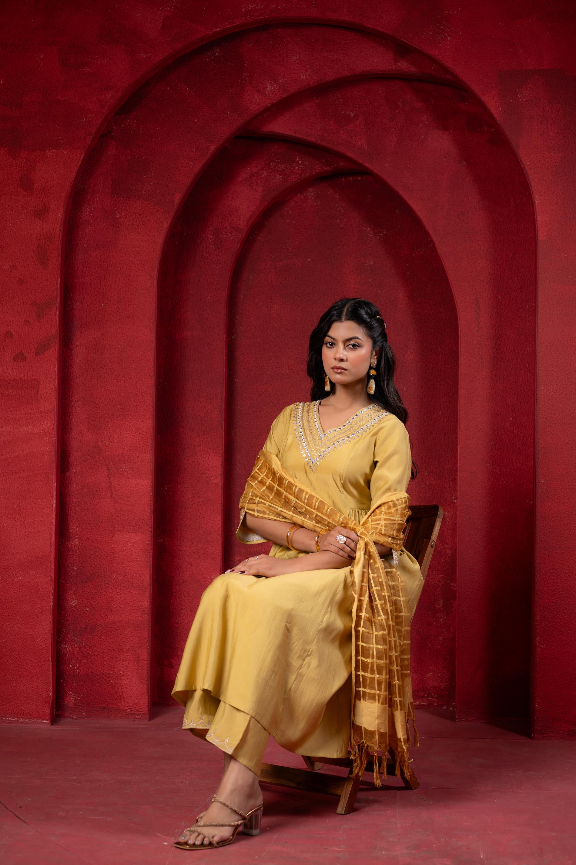 Mustard Elegance Chanderi Kurta Set with Geometric Dupatta