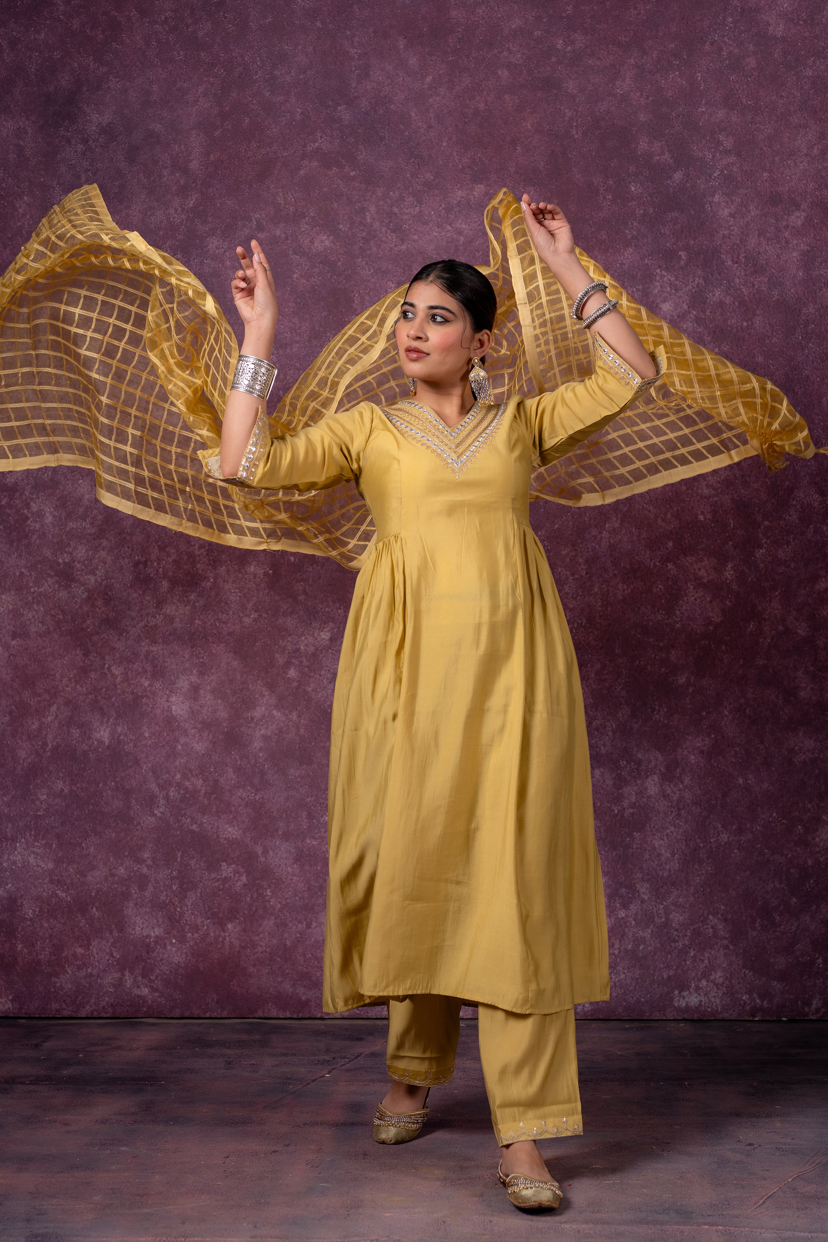 Mustard Elegance Chanderi Kurta Set with Geometric Dupatta