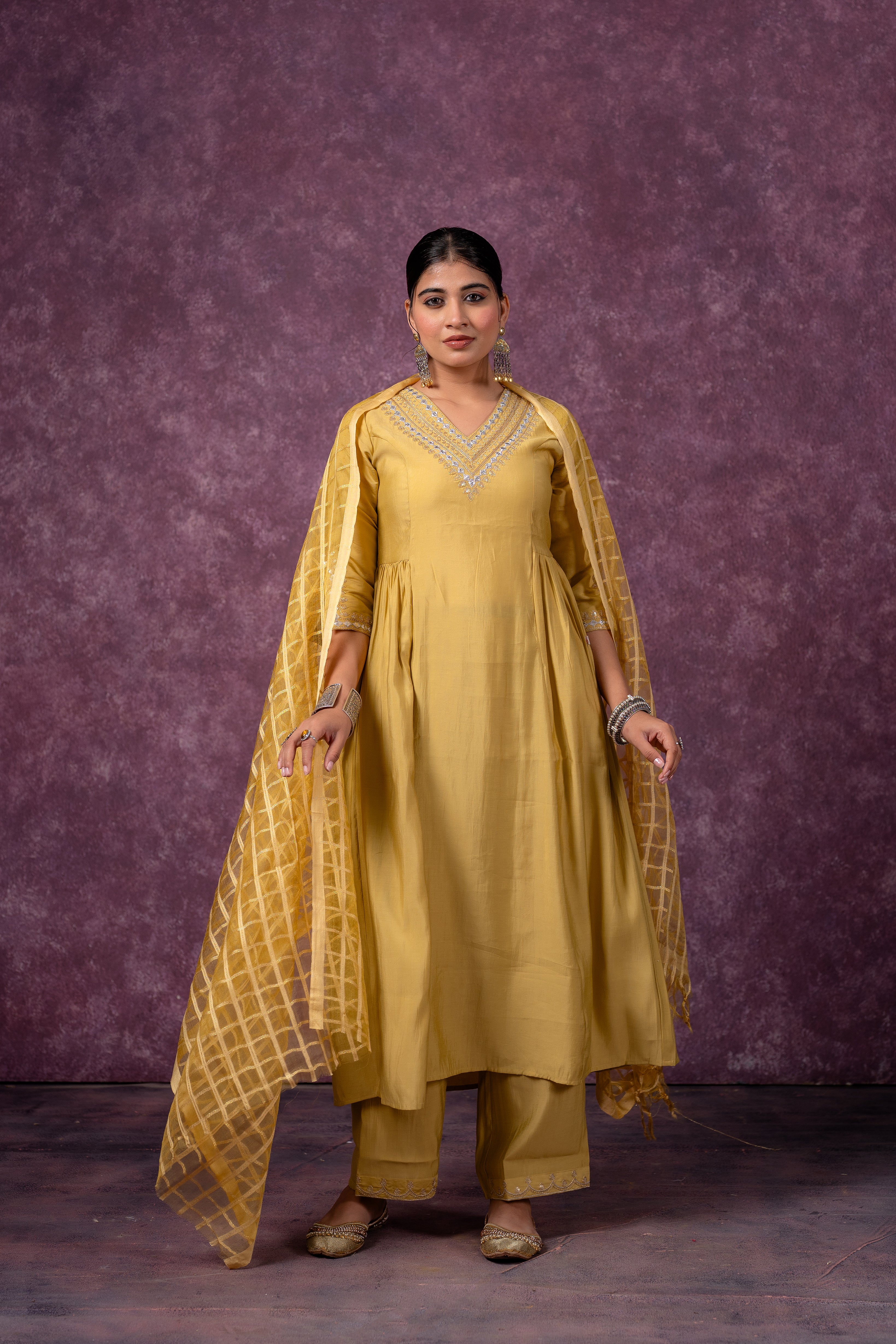 Mustard Elegance Chanderi Kurta Set with Geometric Dupatta
