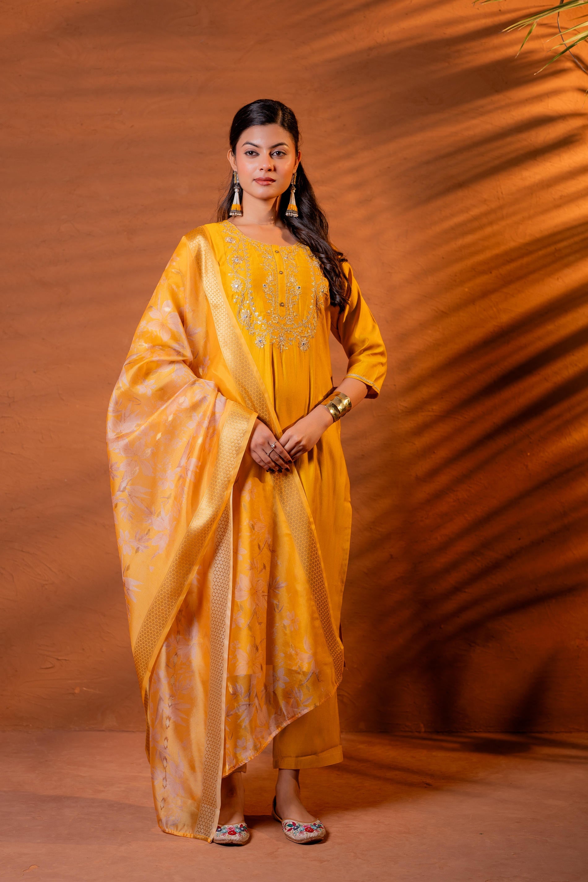 Mustard, Zari Embroidered Straight Kurta Set with Abstract Printed Dupatta
