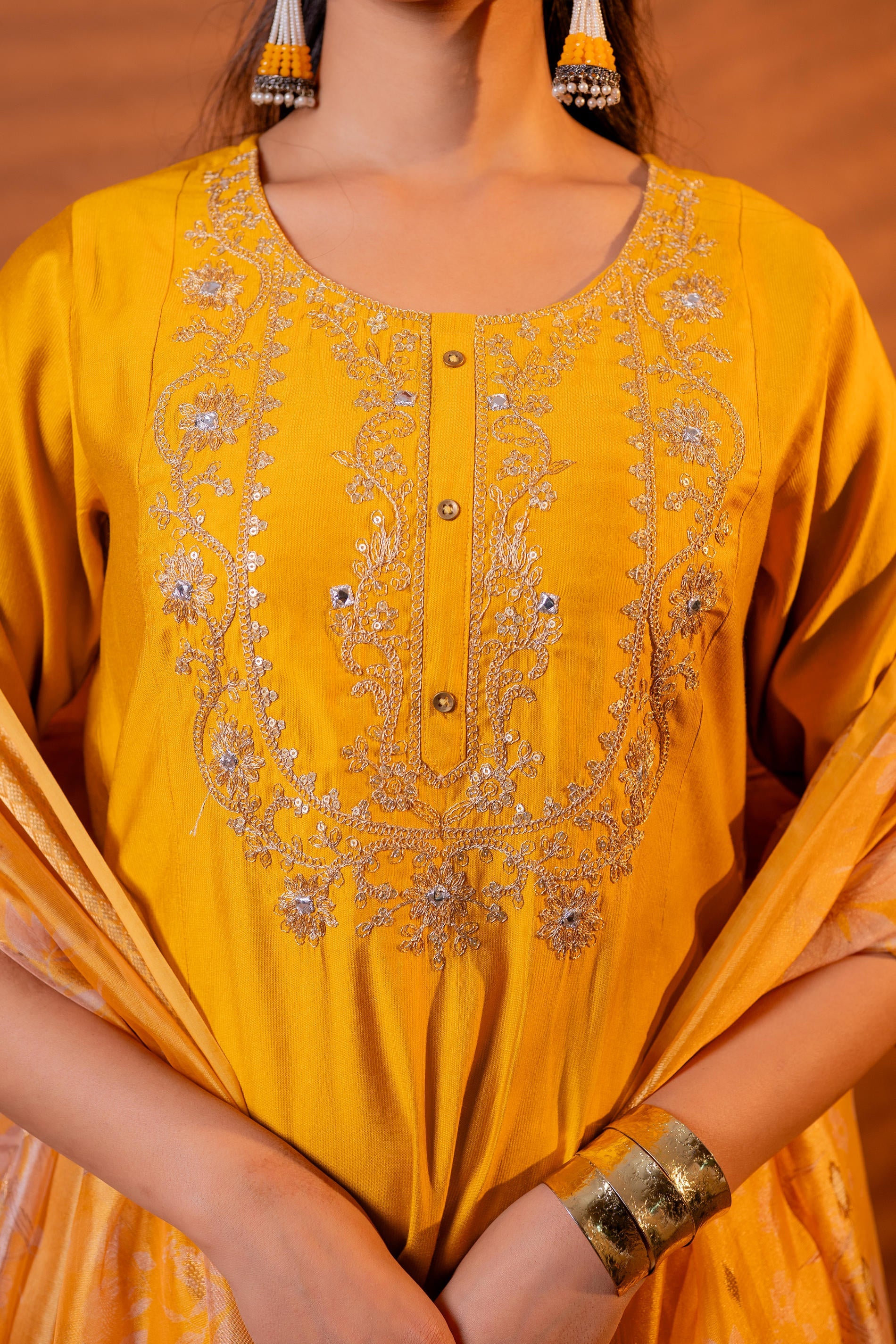 Mustard, Zari Embroidered Straight Kurta Set with Abstract Printed Dupatta
