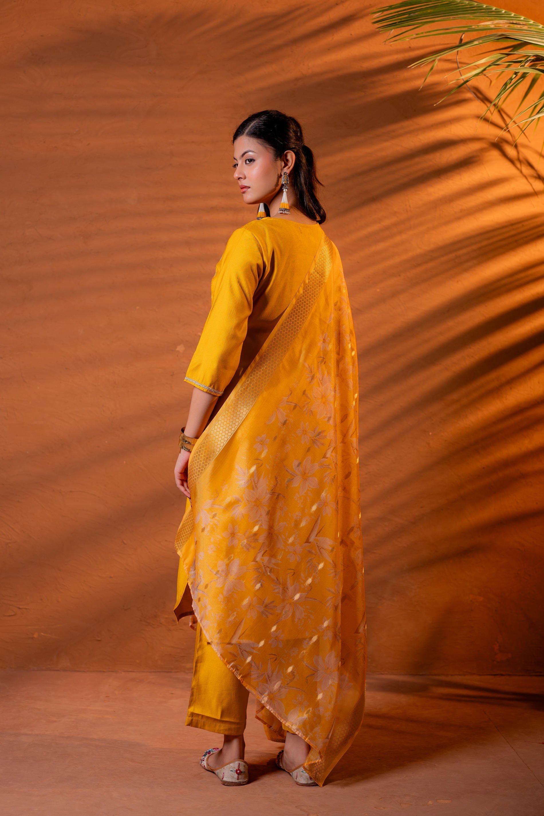Mustard, Zari Embroidered Straight Kurta Set with Abstract Printed Dupatta